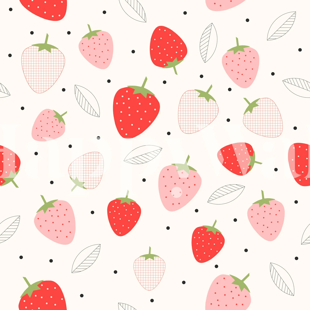 Colorful strawberry patterns with leaves on a beige background wallpaper