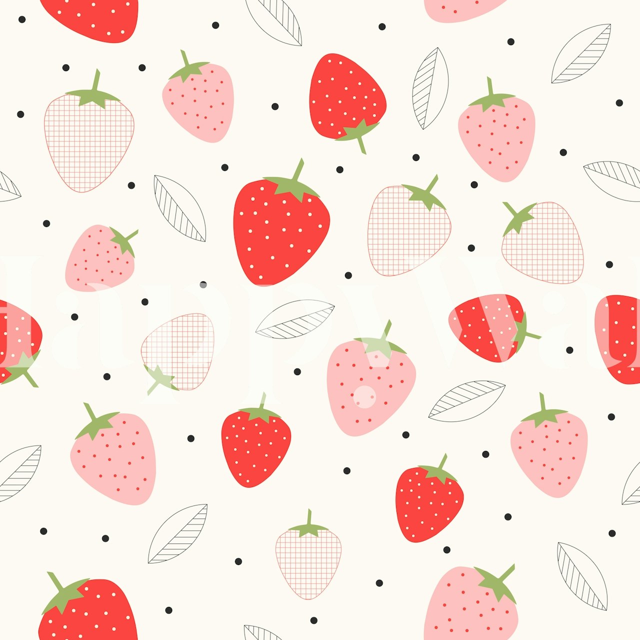 Colorful strawberry patterns with leaves on a beige background wallpaper