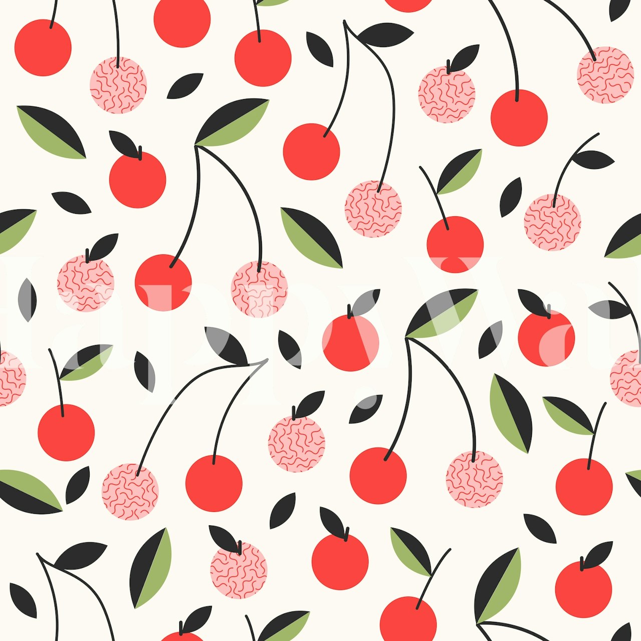 Red cherries with green leaves on cream background wallpaper