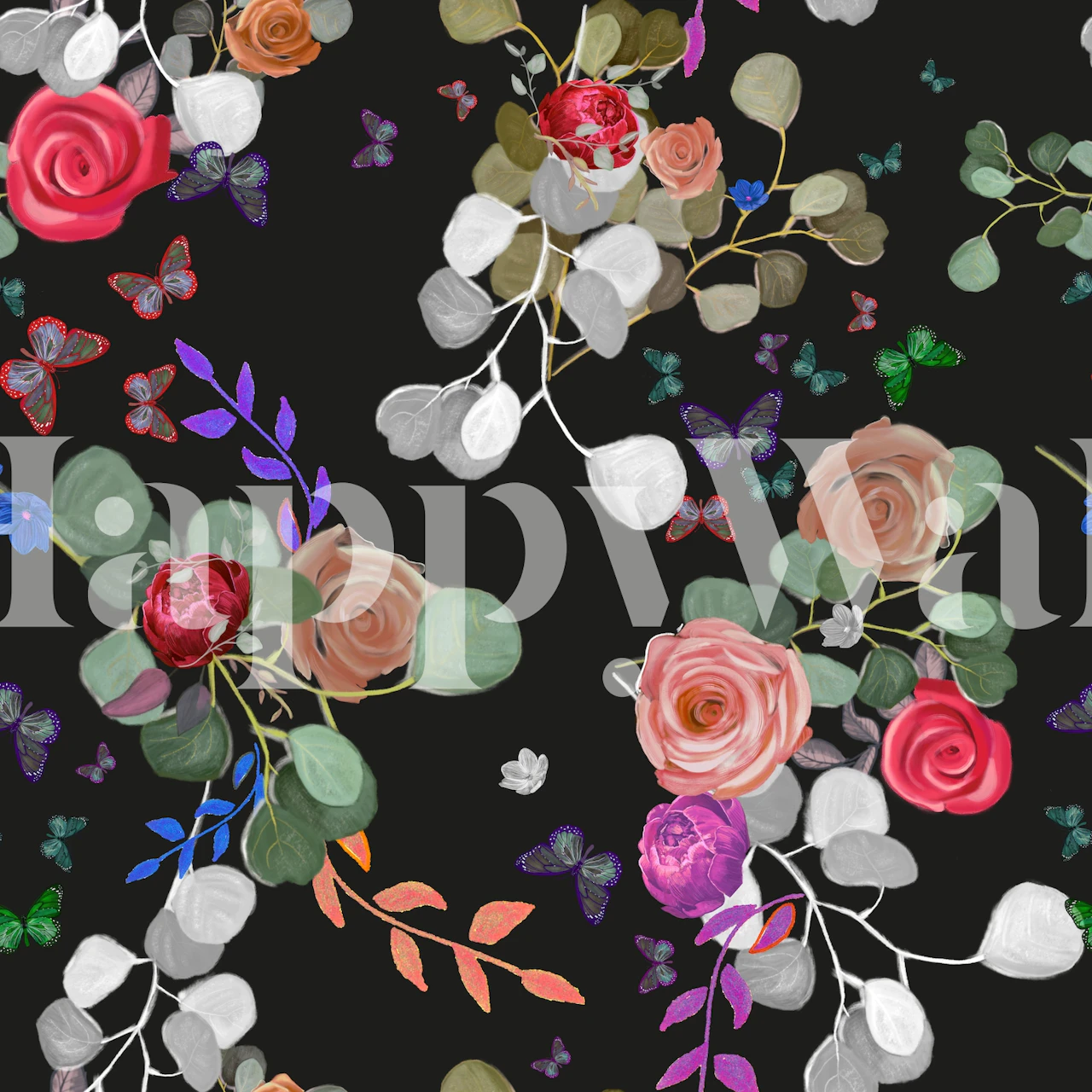 Eucalyptus leaves and roses pattern on black wallpaper