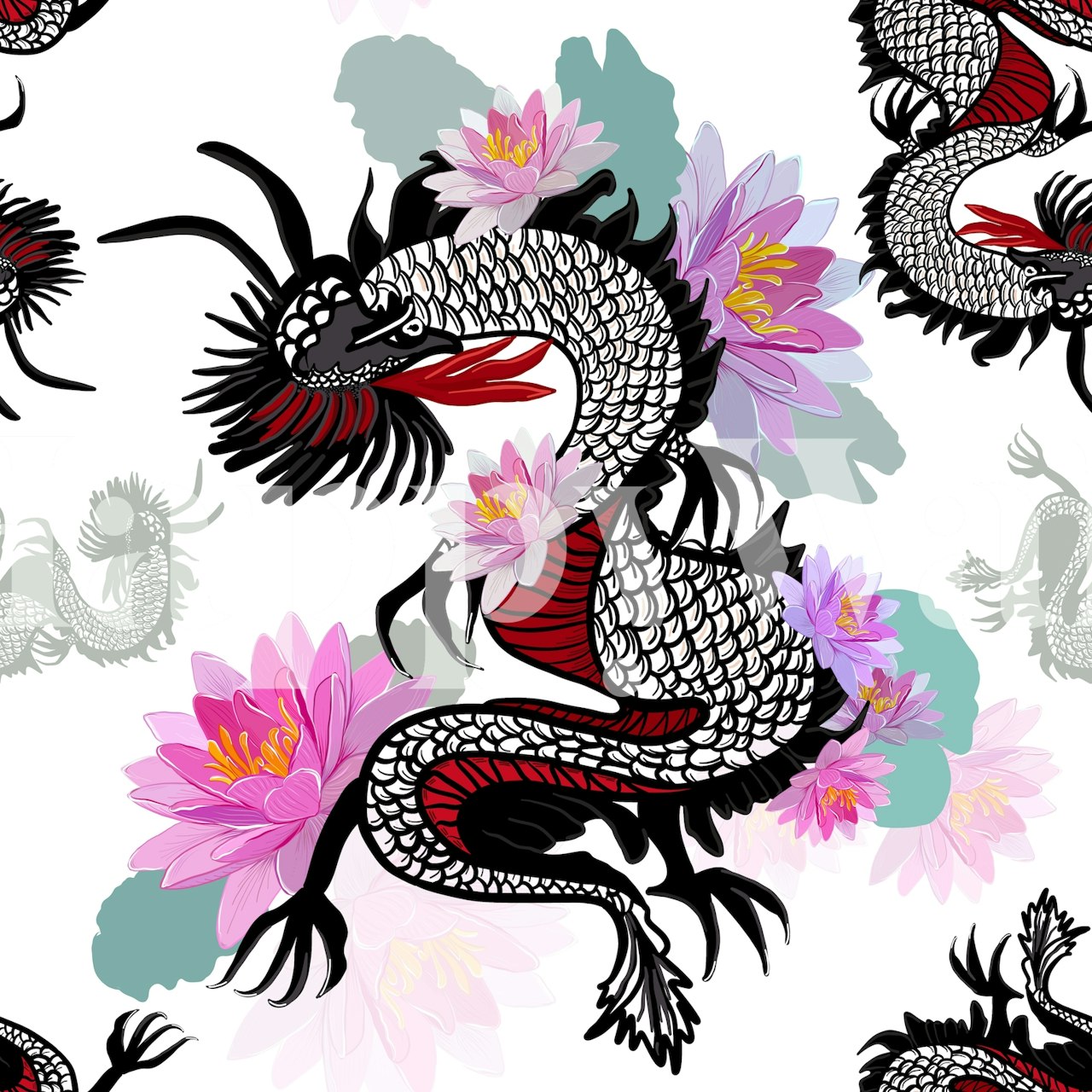 Mythical dragon and blooming lotus wall mural design