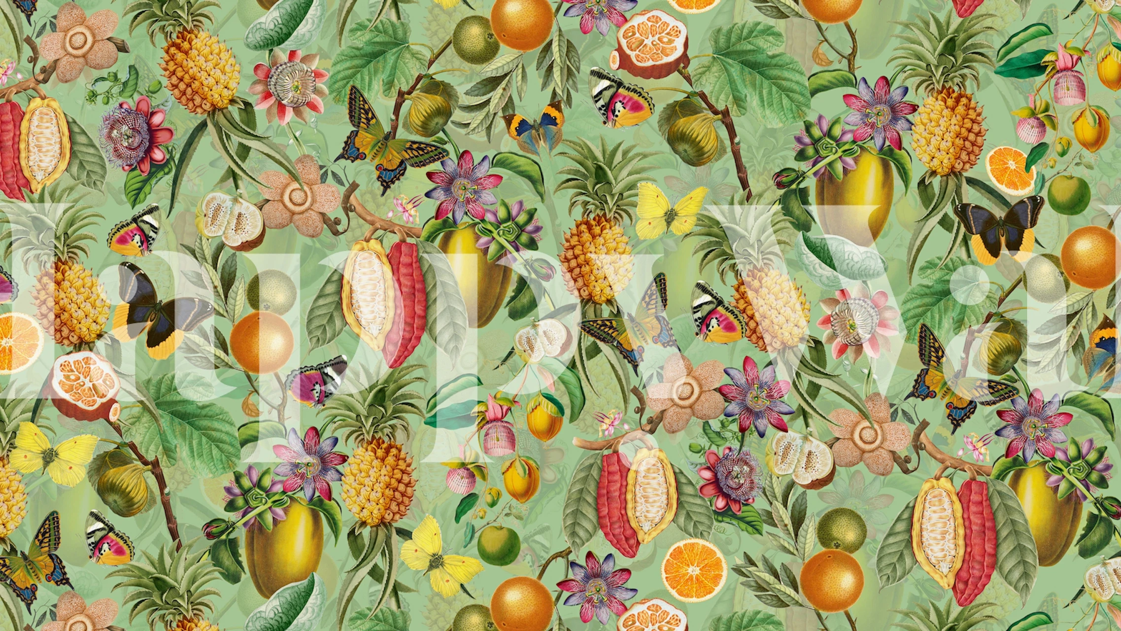 Tropical floral design with butterflies, oranges, and pineapples wallpaper