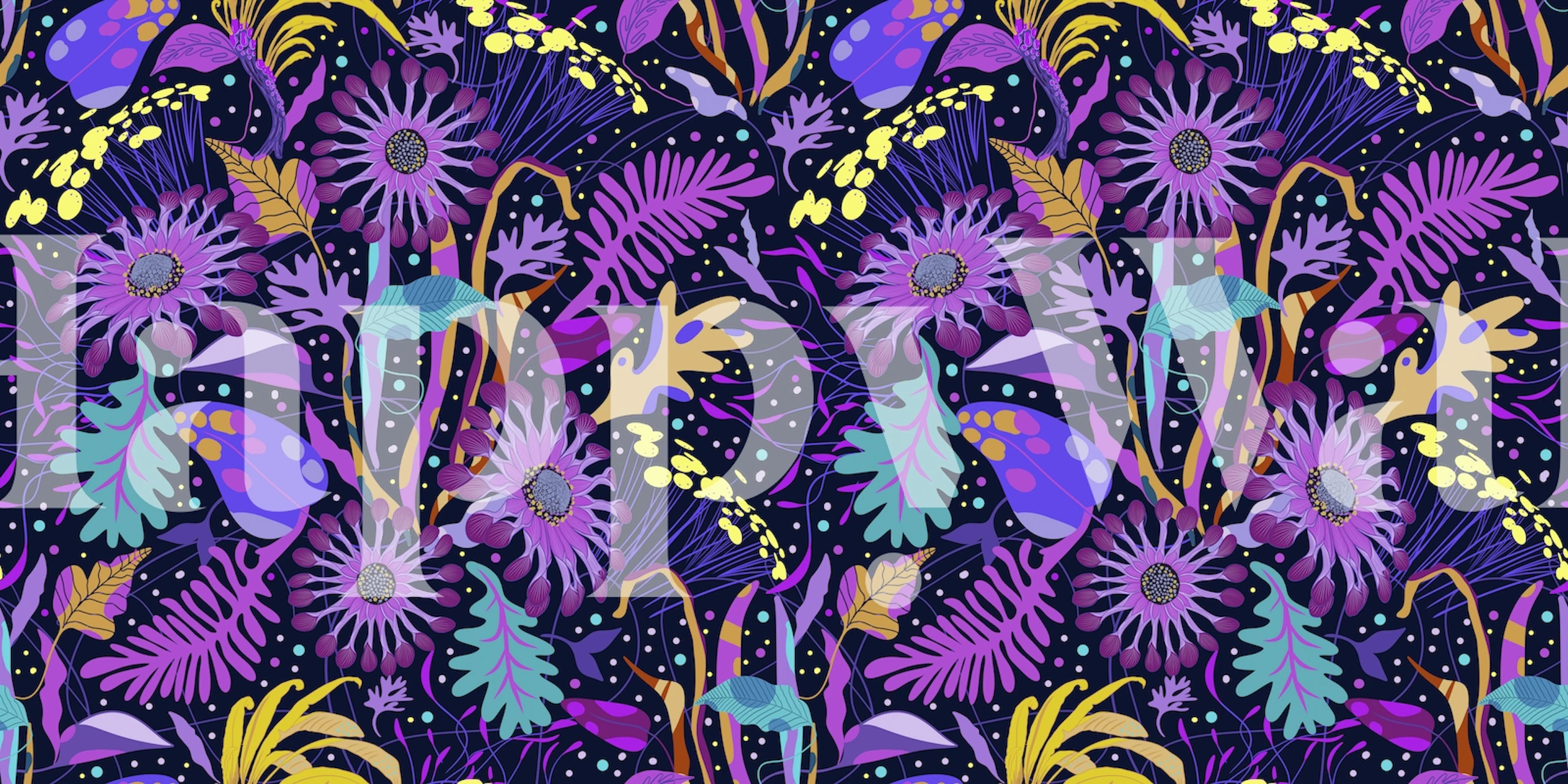 Colorful floral design in purple and blue against a dark background wallpaper