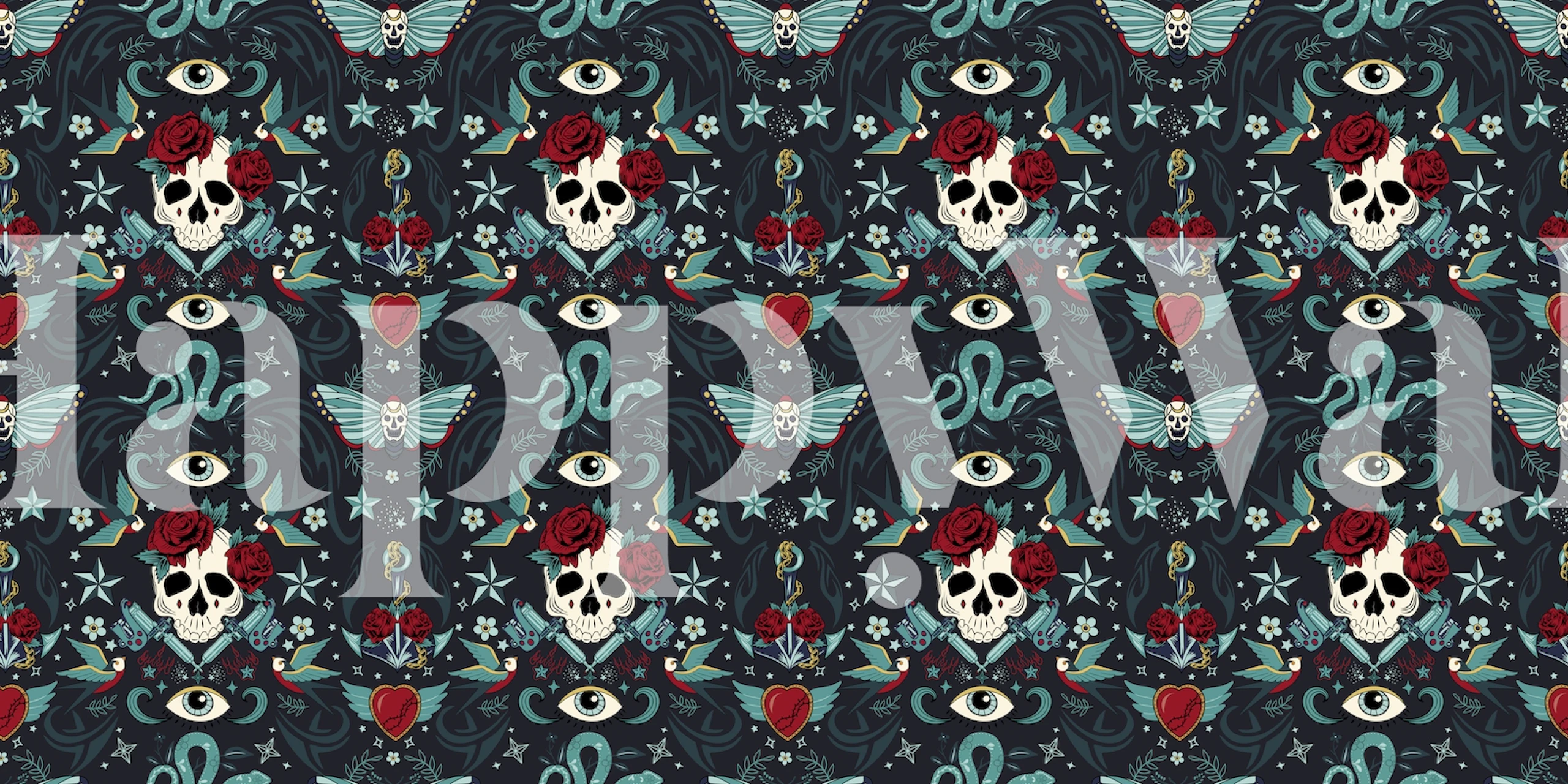 Black and white skulls with roses and decorative elements wallpaper