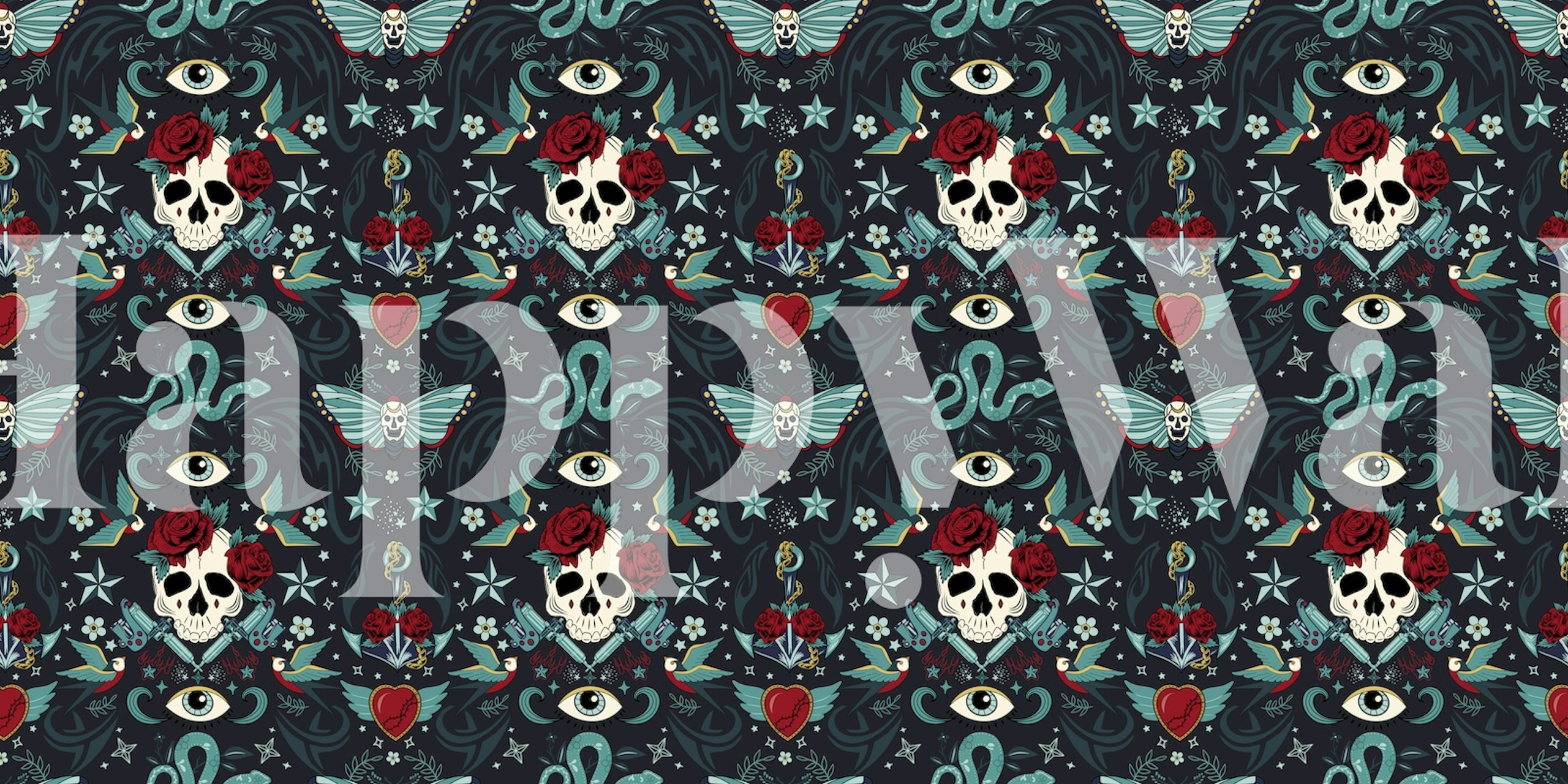 Black and white skulls with roses and decorative elements wallpaper