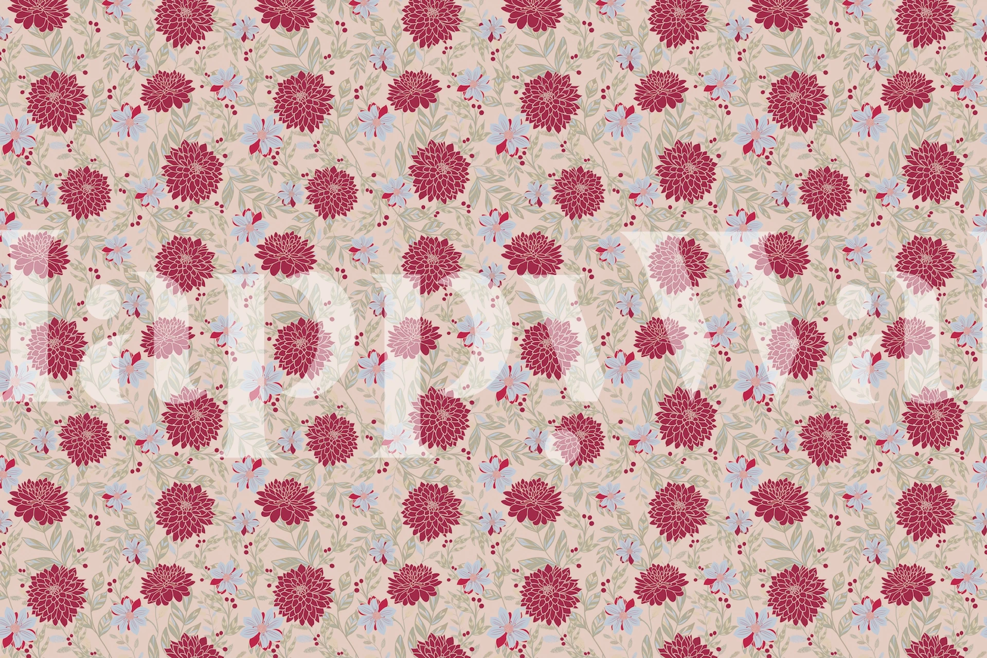 Pink floral pattern with blue accents on beige wallpaper