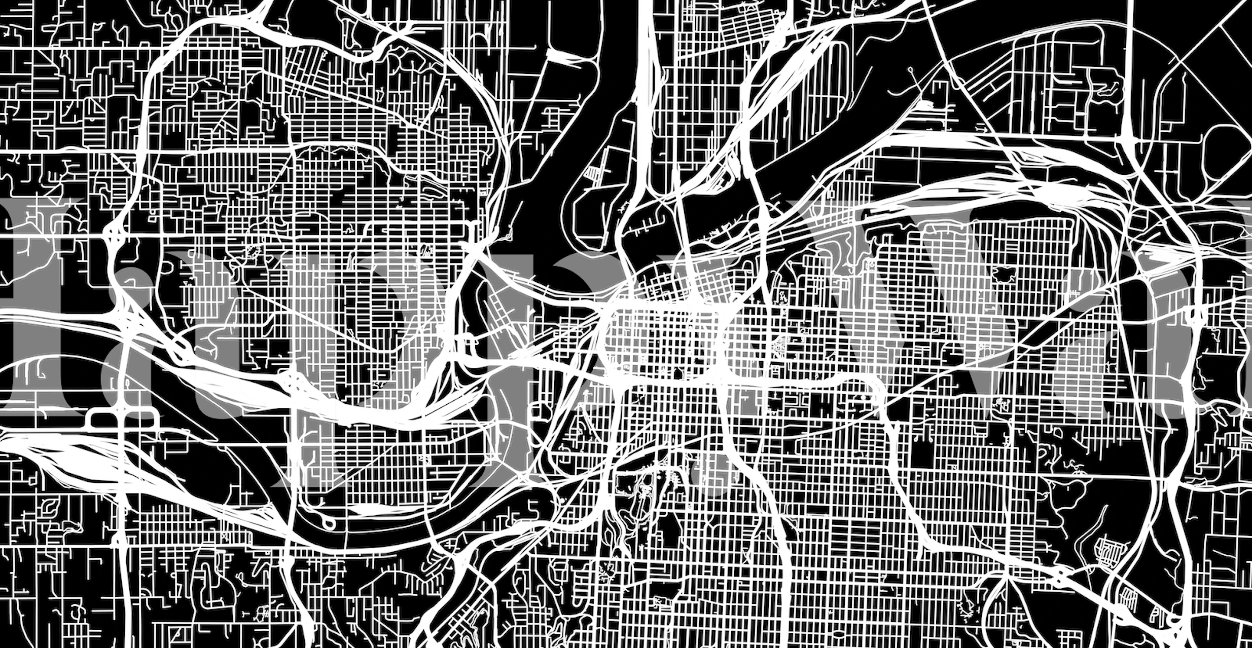 Monochrome Kansas map wall mural showing detailed street layout