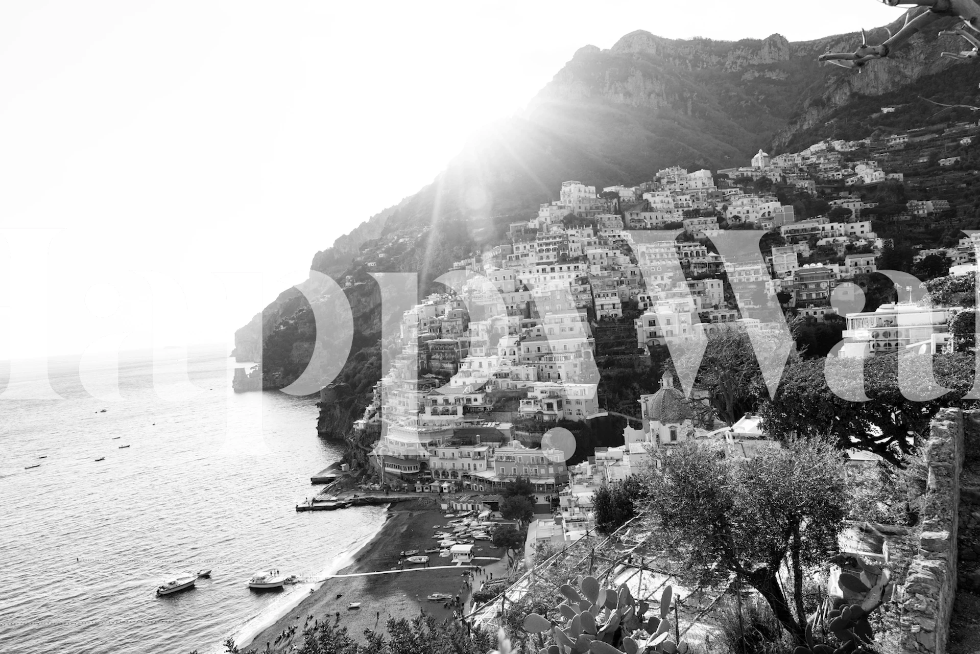 Vista costeira do penhasco de Positano em fotomural vinílico de parede preto e branco