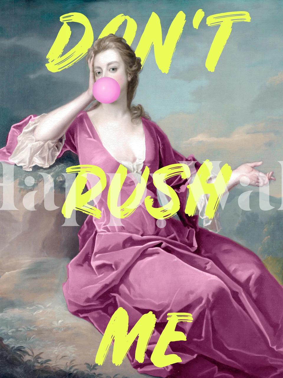 Portrait of woman with pink bubble and yellow text wallpaper
