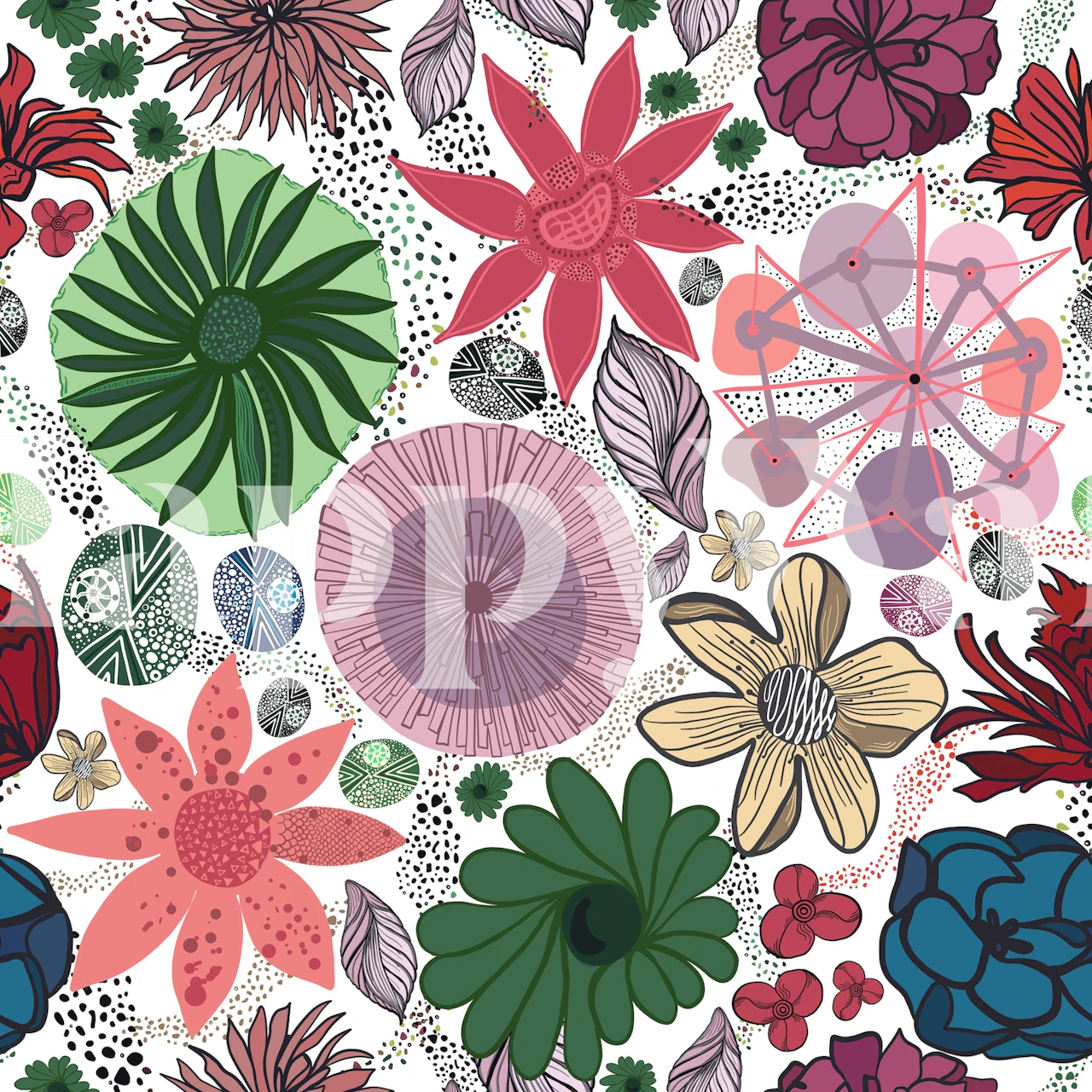 Moderne vintage vægmaleri med farverige søde blomster og blade mønster