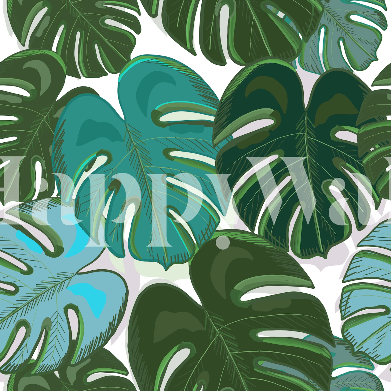 Colorful monstera leaves in shades of green and turquoise on a wall mural