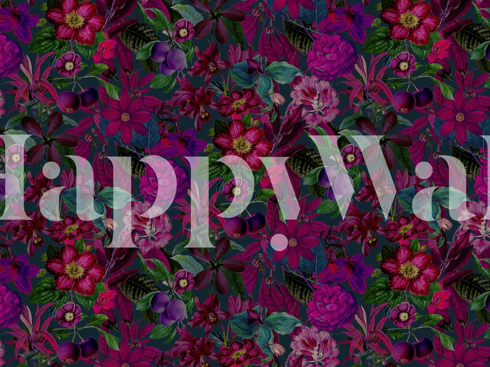 Burgundy pink floral wallpaper with lush flowers and leaves