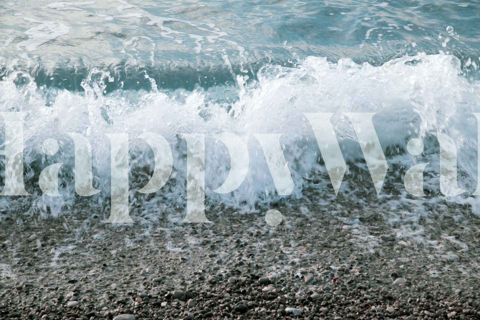 Ocean wave crashing on pebbled shore in shades of blue wallpaper