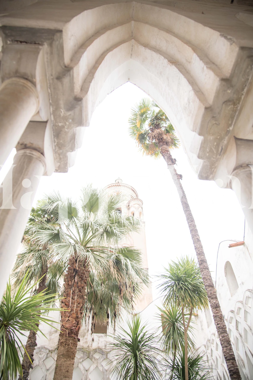 Palms and architectural arches in light colors wallpaper