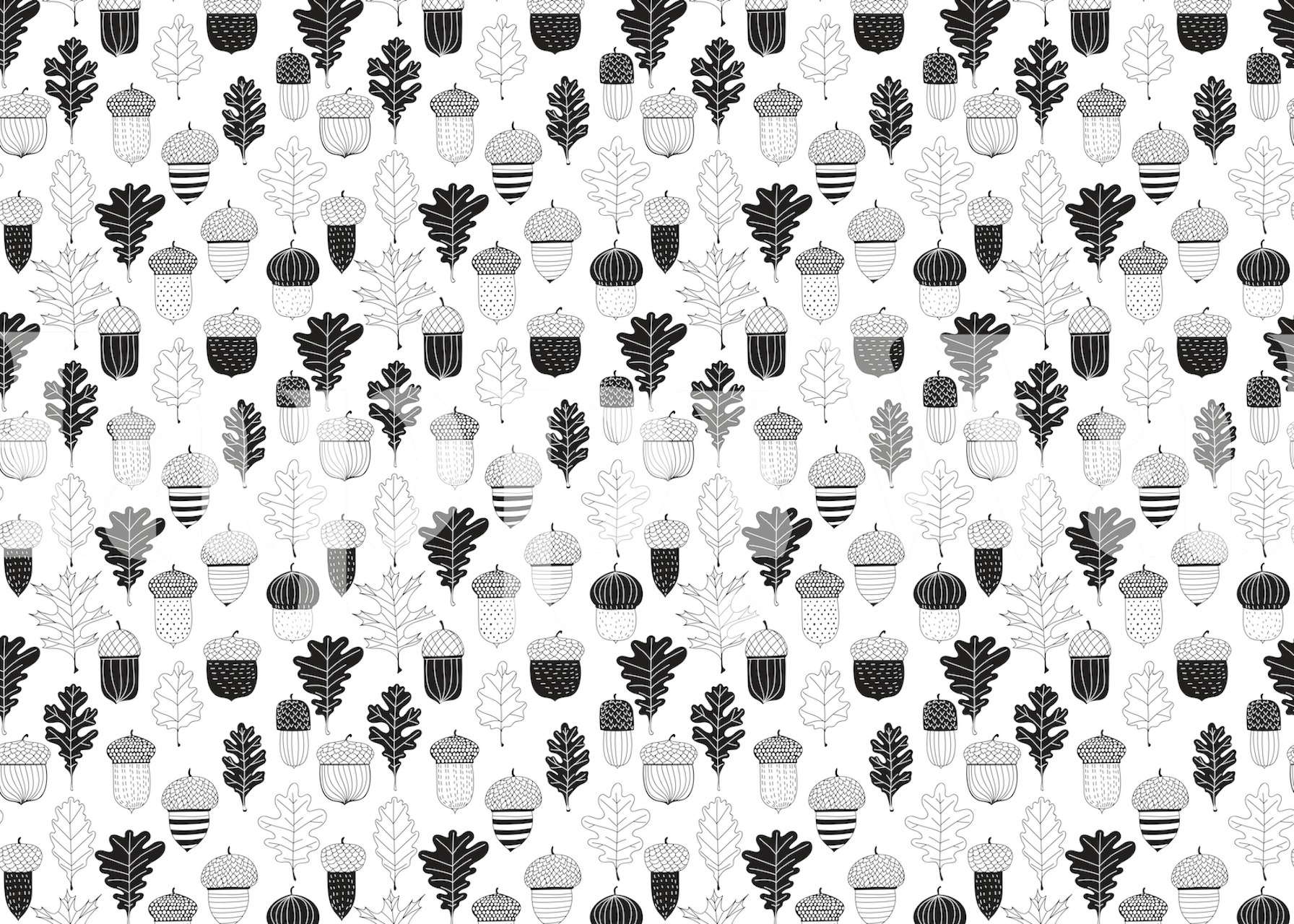Black and white wallpaper featuring acorns and oak leaves doodles