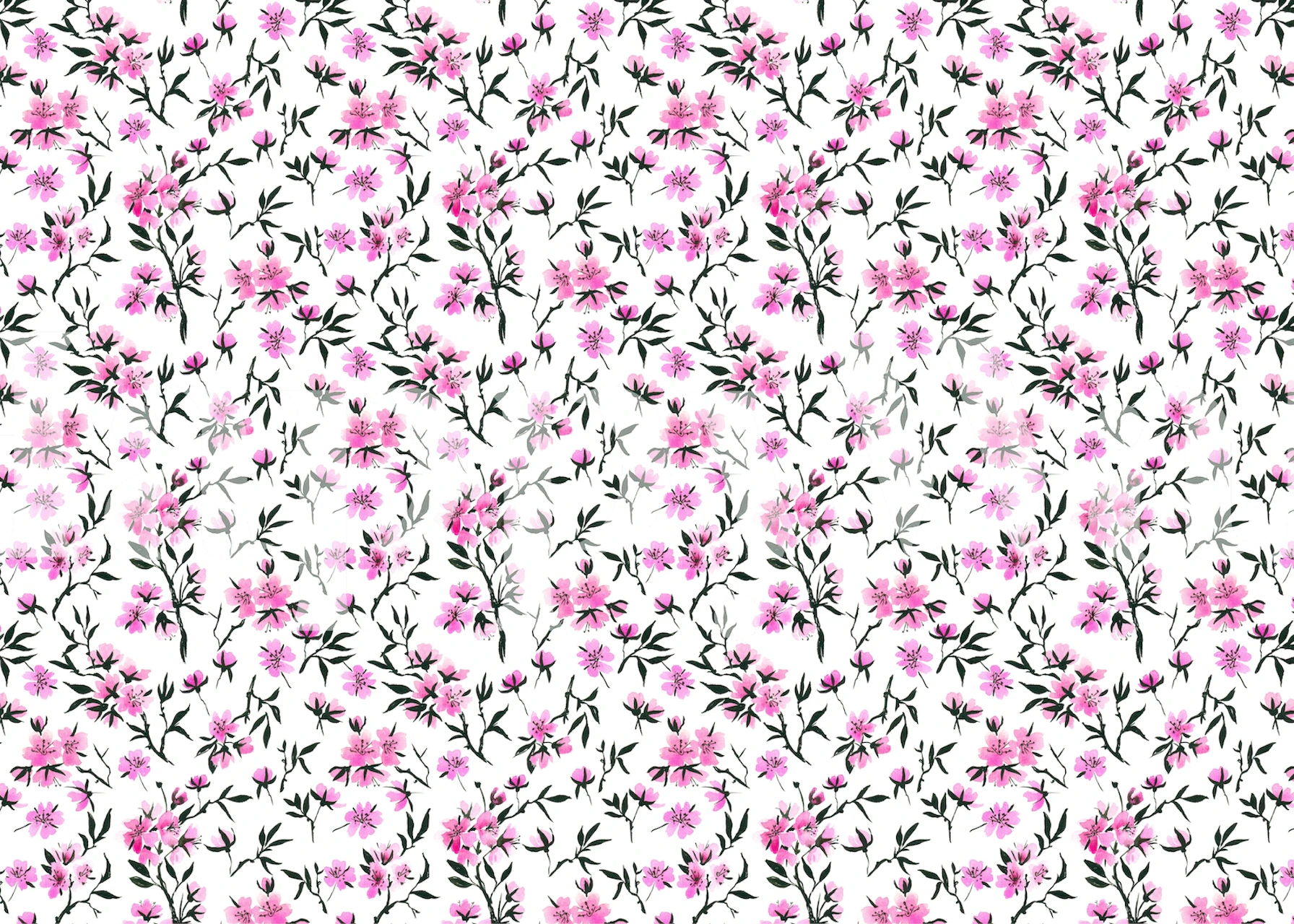 Pink floral wallpaper featuring delicate blossoms on a white background