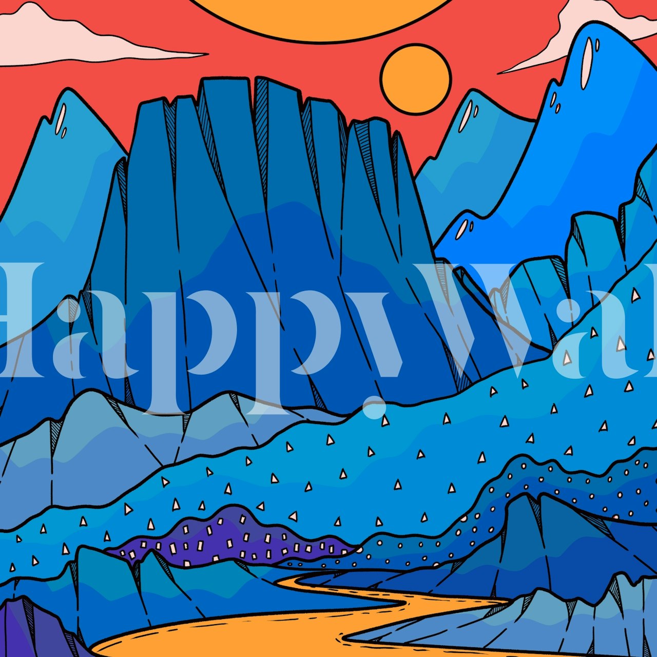 Abstrakt blå berg med en röd himmel och gyllene sol väggmålning