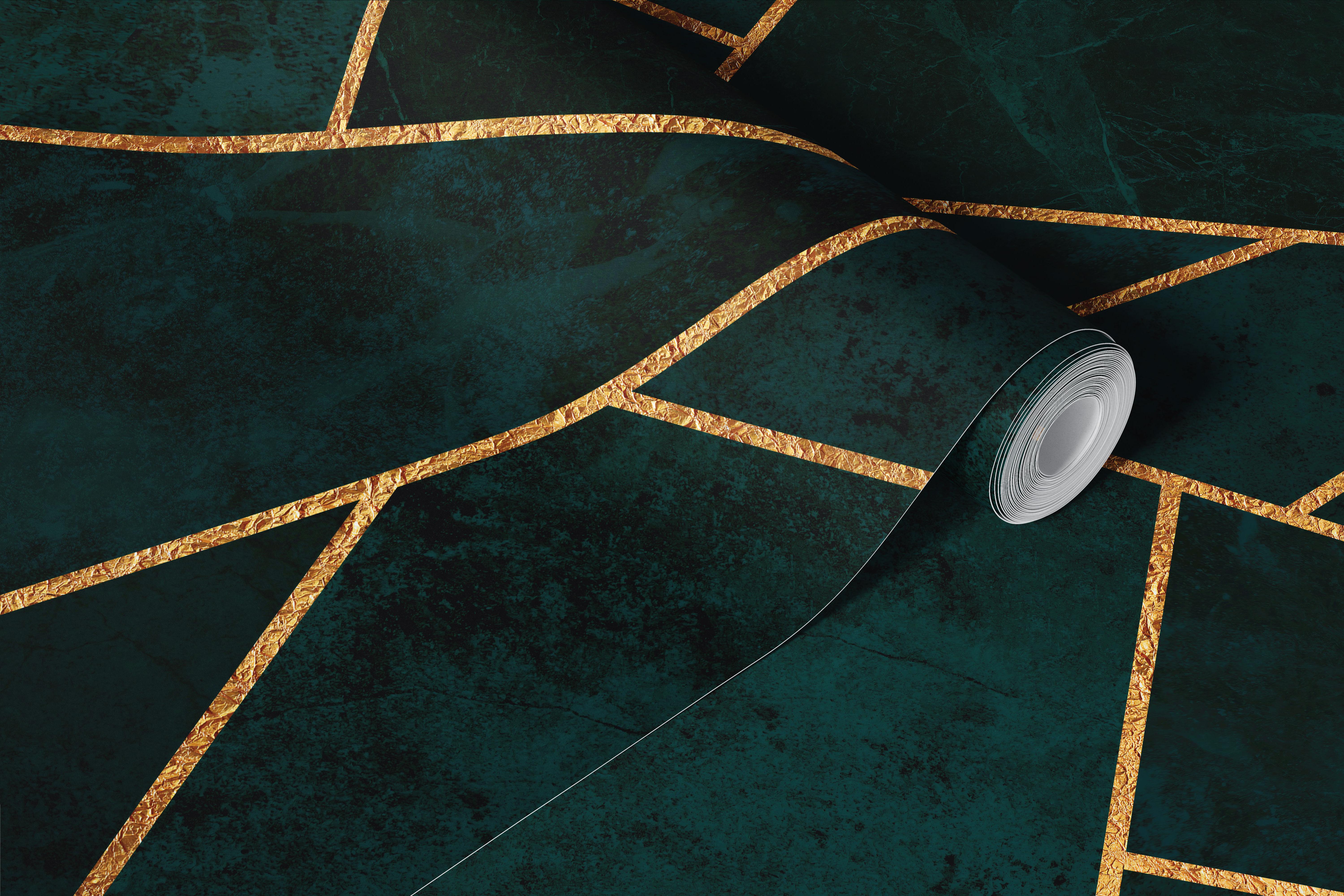 Luxury Deep Teal Stone Mosaic wall mural with gold accents