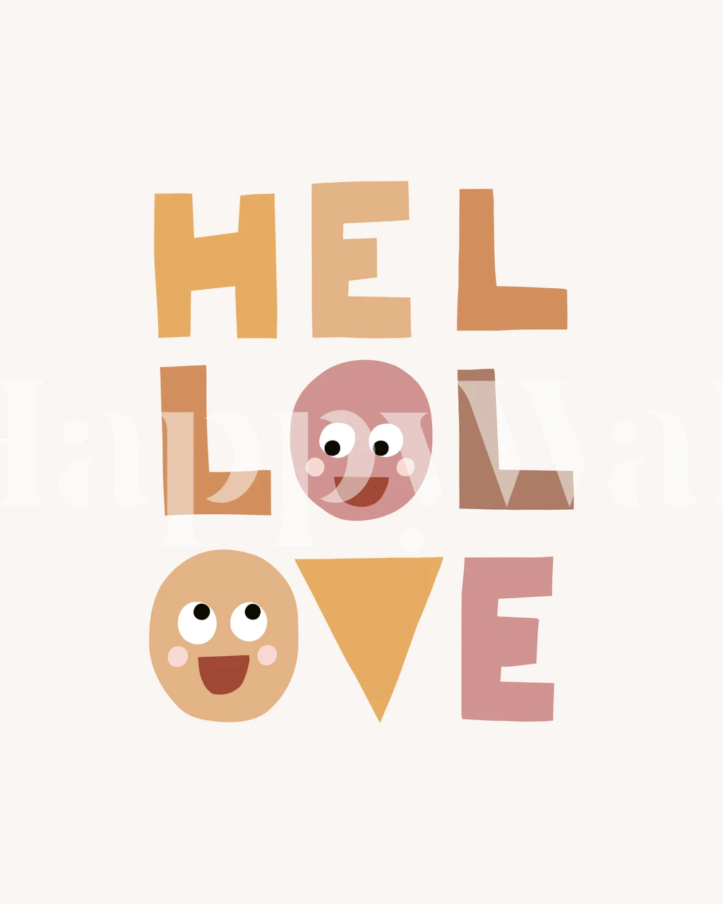 Hello Love boho wallpaper with warm colors and playful characters
