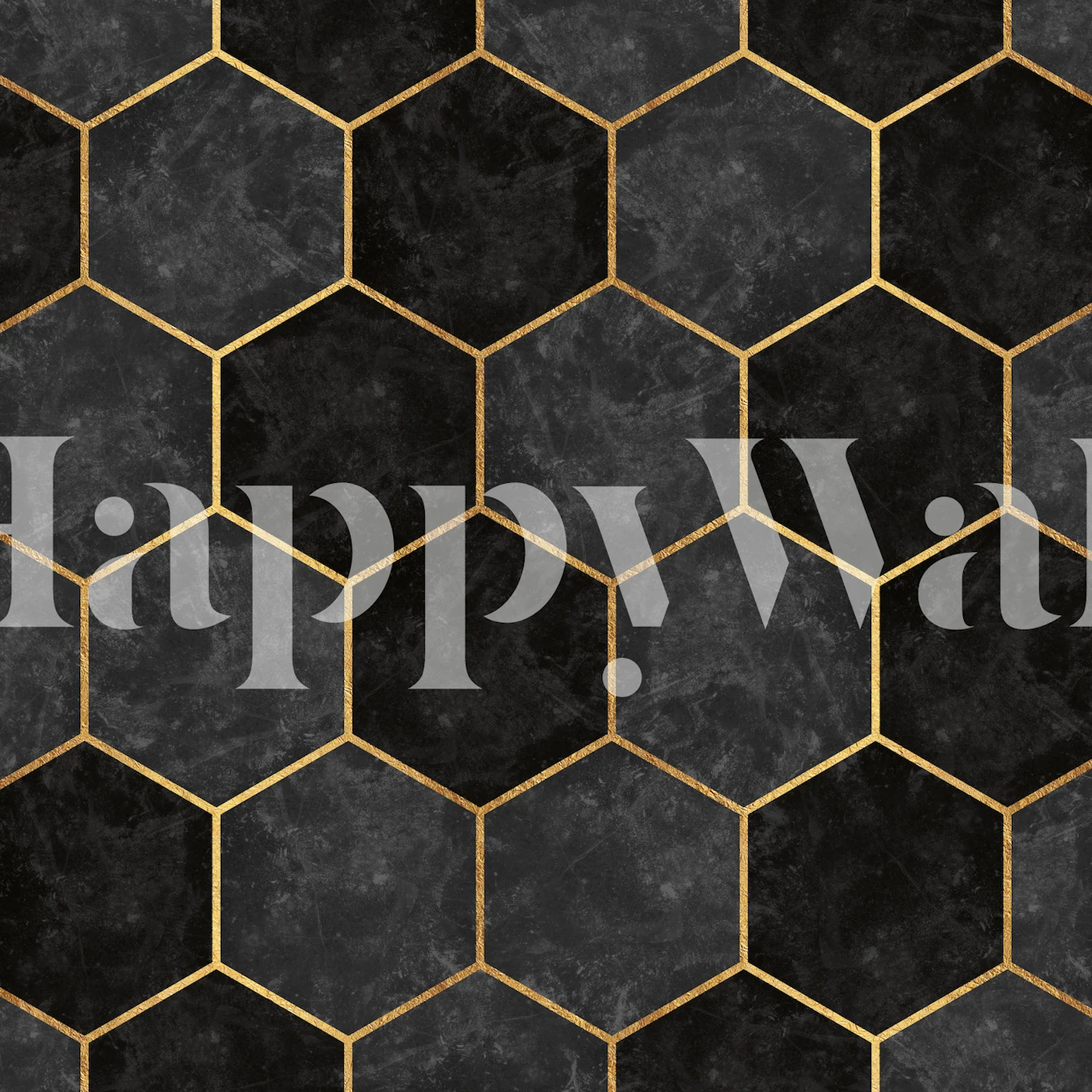 Urban Charcoal Hexagon Pattern wall mural with gold accents on a dark background