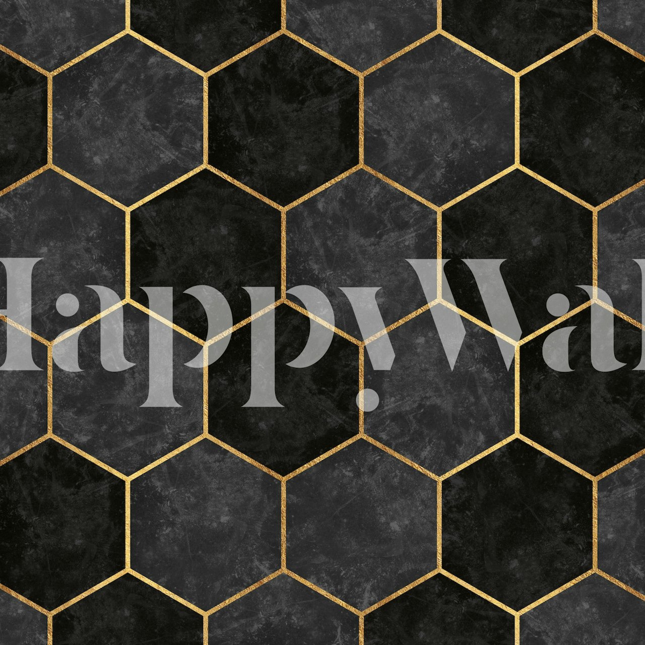 Urban Charcoal Hexagon Pattern -seinämaalaus, jossa kullanvärisiä aksentteja tummalla taustalla