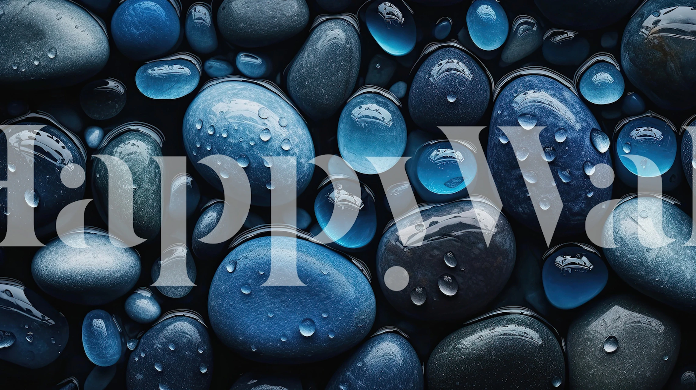 Blue pebbles with water droplets in various shades of blue wallpaper