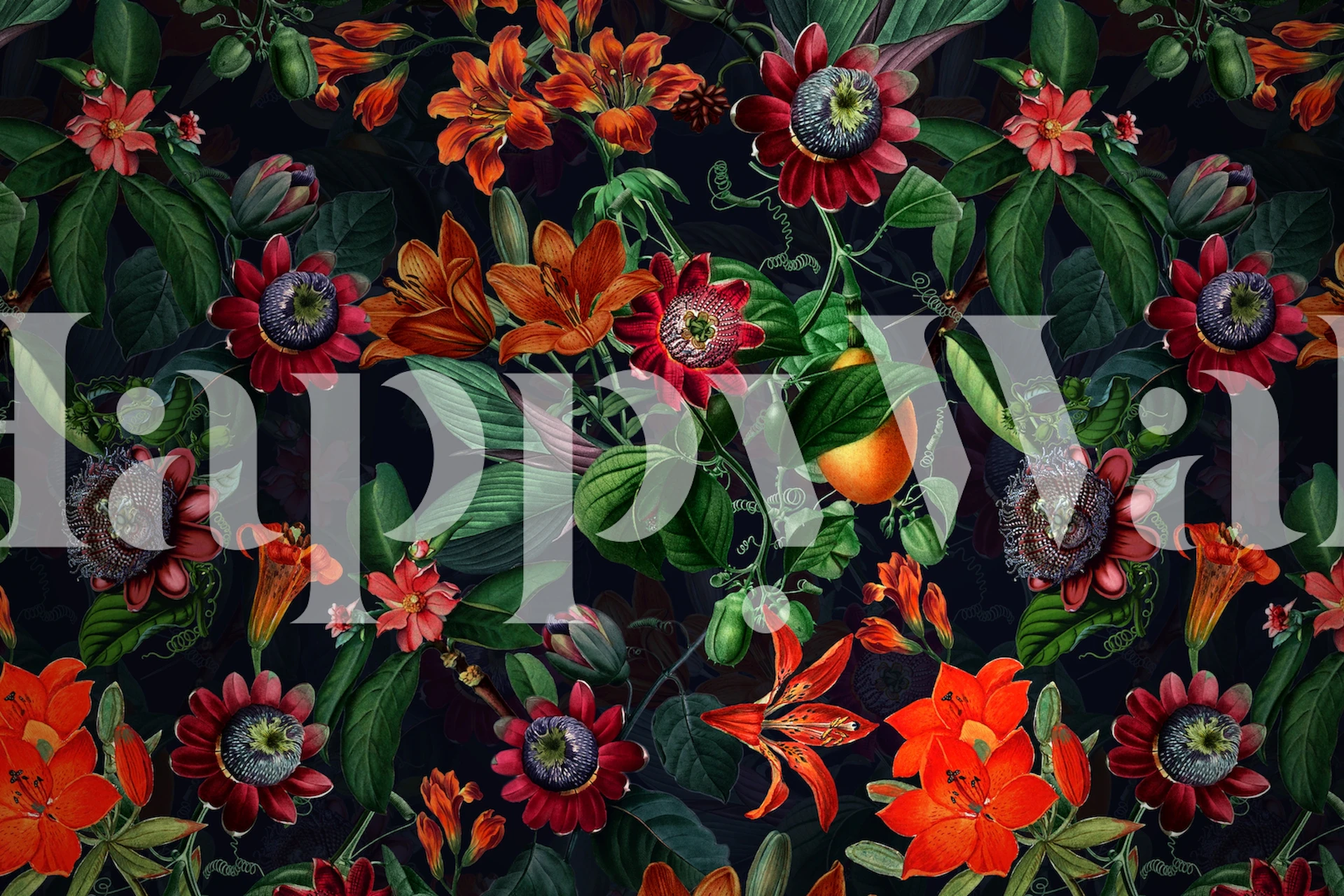 Exotische florale Tapete mit roten, orangen und grünen Motiven