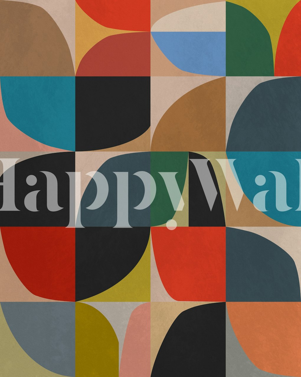 Geometric abstract wall mural with colorful shapes in red, blue, green, and mustard tones