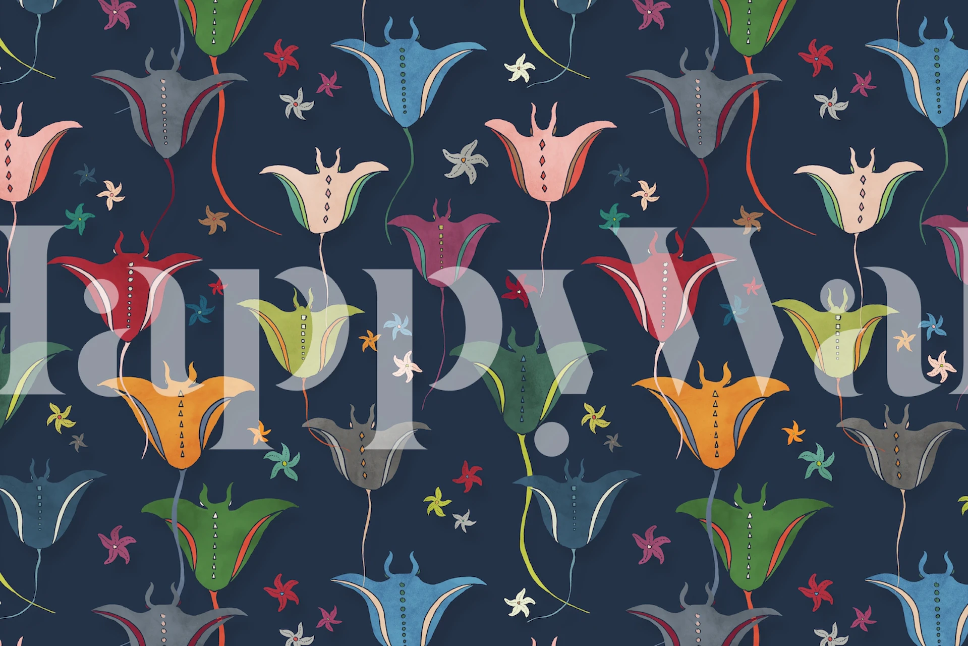 Colorful manta rays and flowers on navy background wallpaper