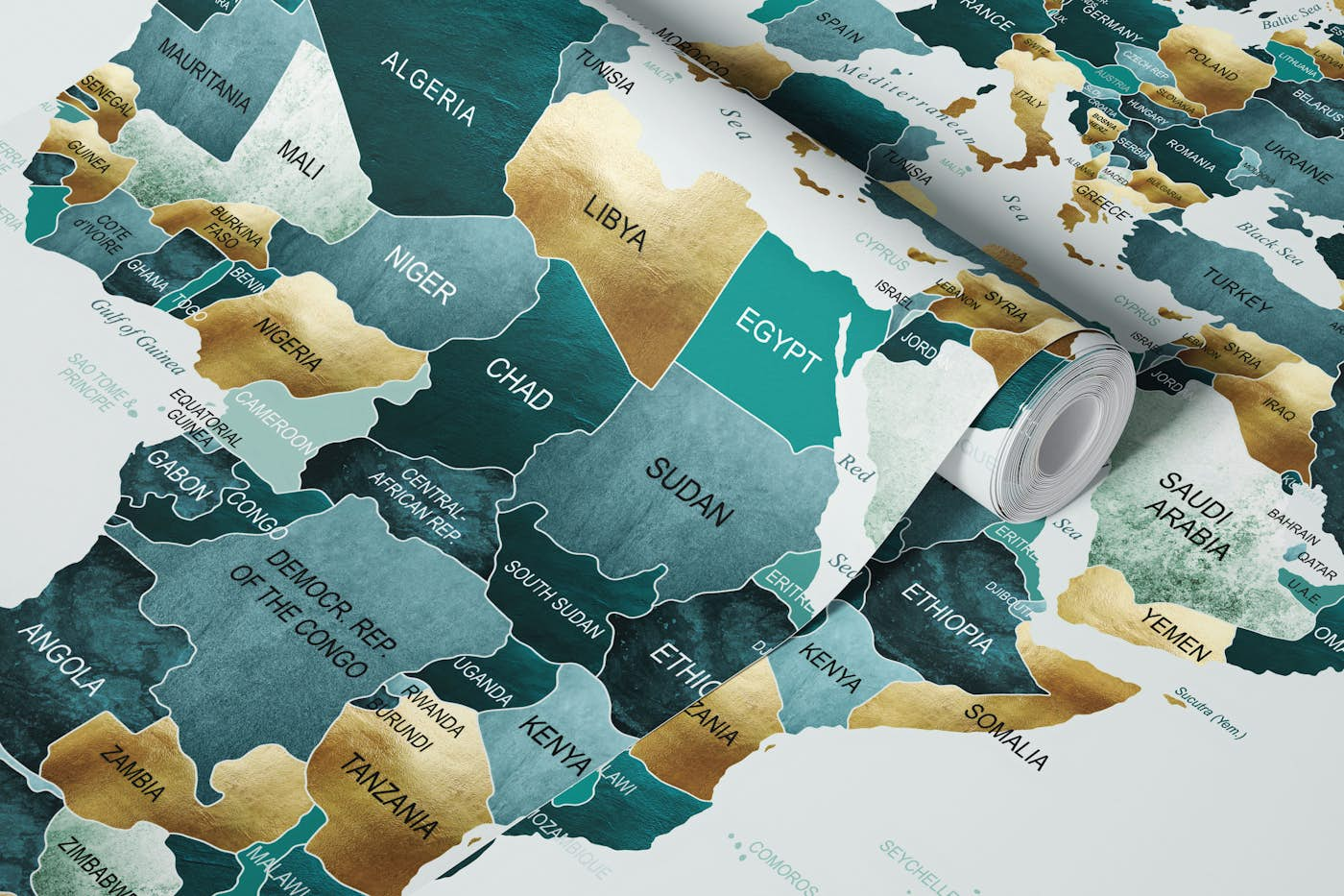 World Map Teal Gold wallpaper roll