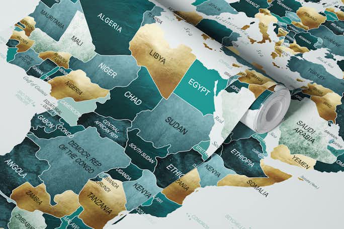 World Map Teal Goldwallpaper roll
