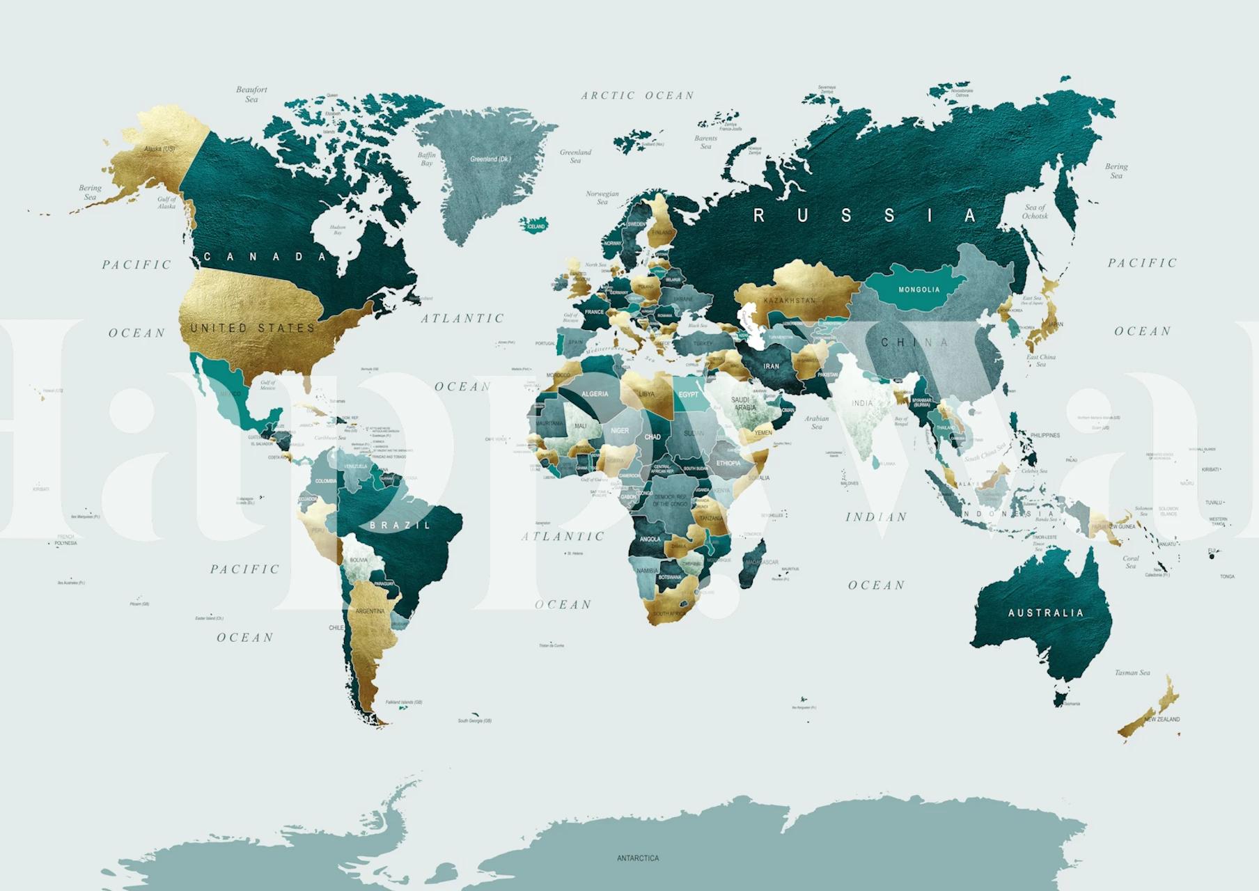 Peinture murale World Map Teal Gold avec des teintes contemporaines sarcelle et or.
