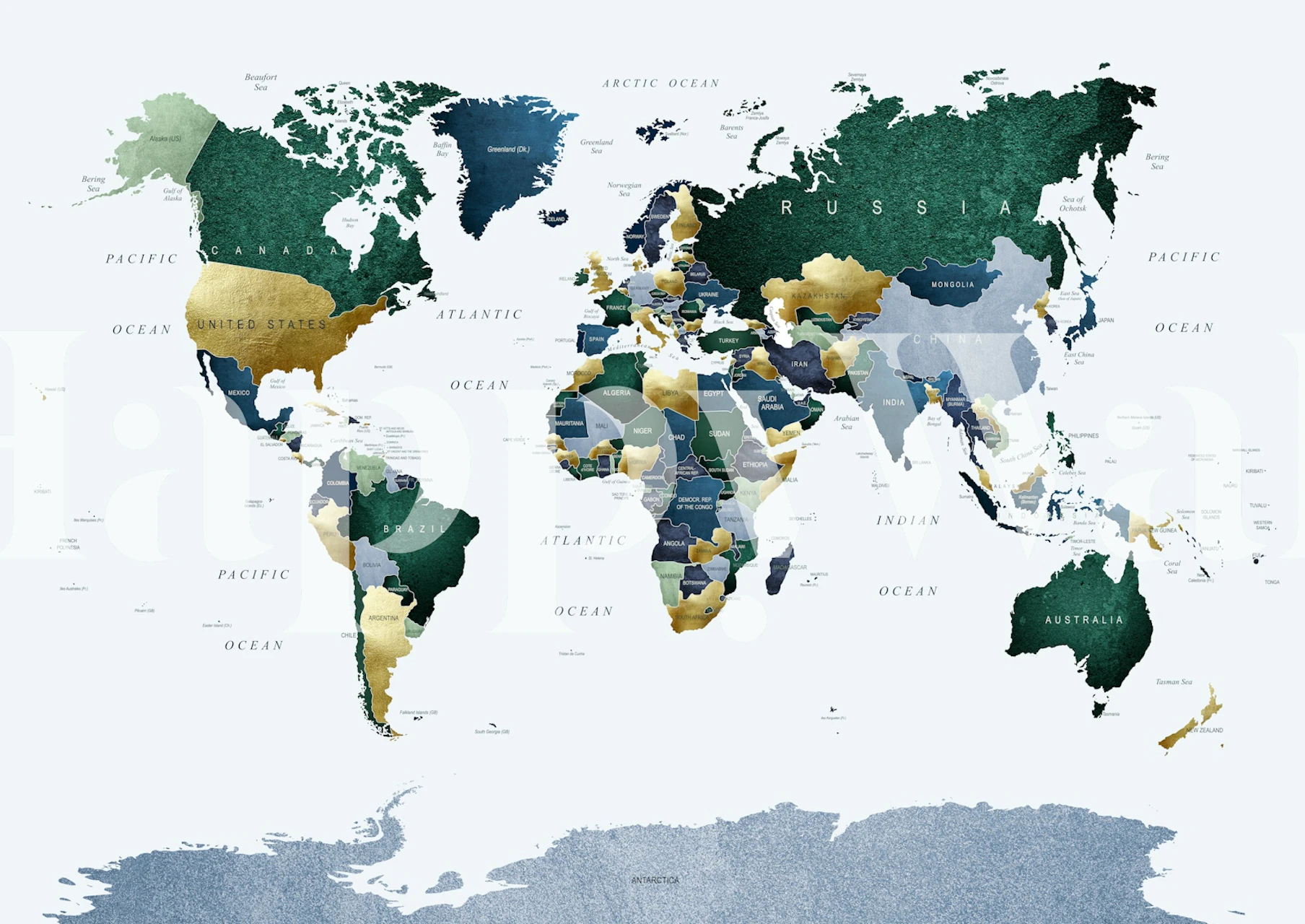World map in blue and green tones wall mural