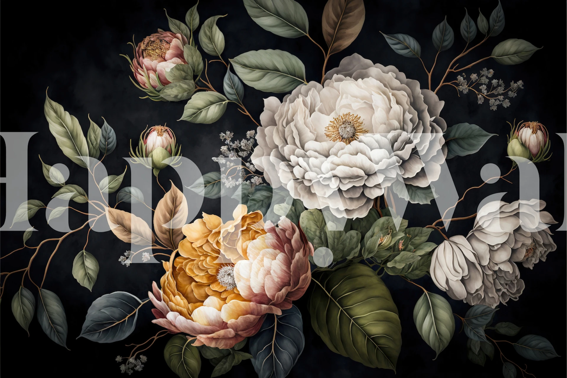 Große blühende Pflanzen in dunklen Farben, Barockstil, Blumen Tapete