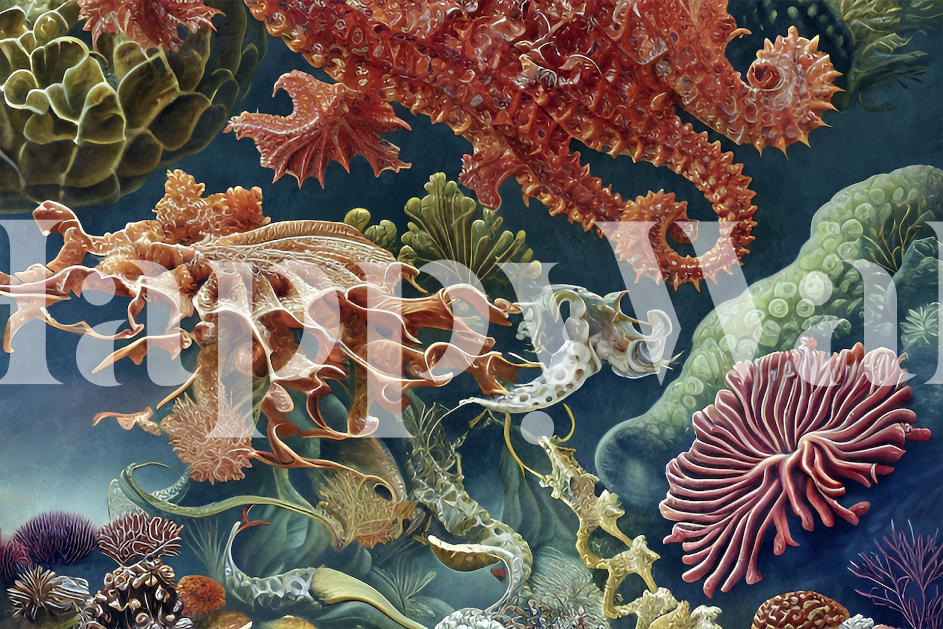 Coral reef with colorful sea creatures, underwater wallpaper