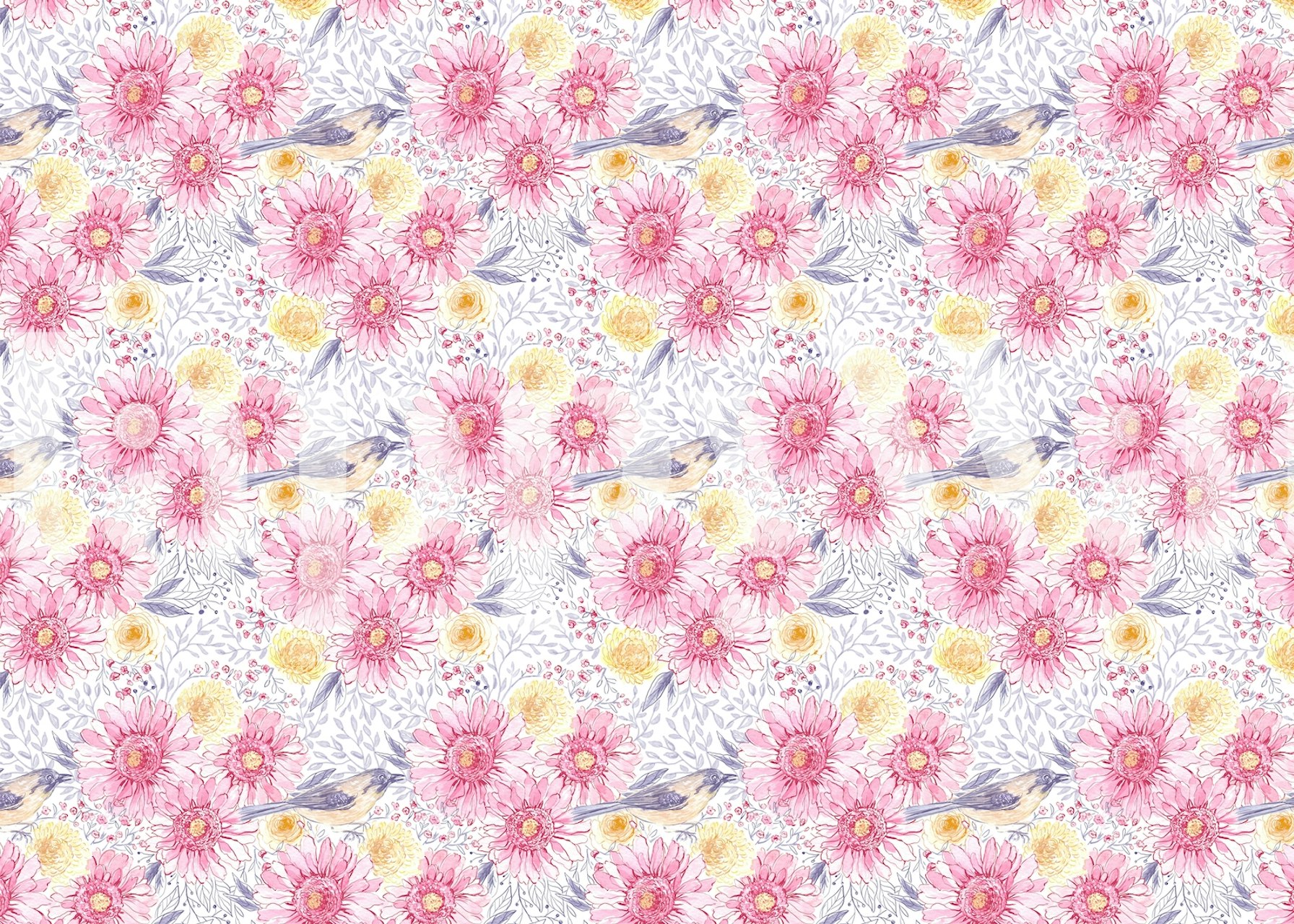 Floral pattern with pink and yellow flowers and birds wallpaper