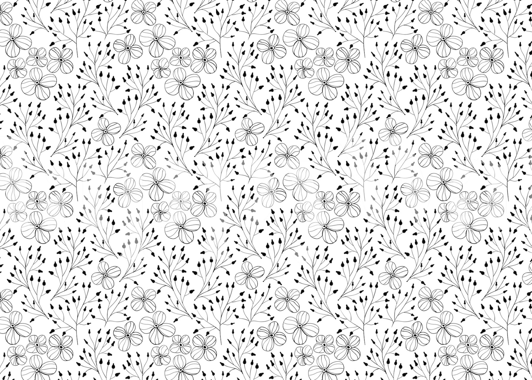 Black and white floral design with doodle flowers and leaves wallpaper