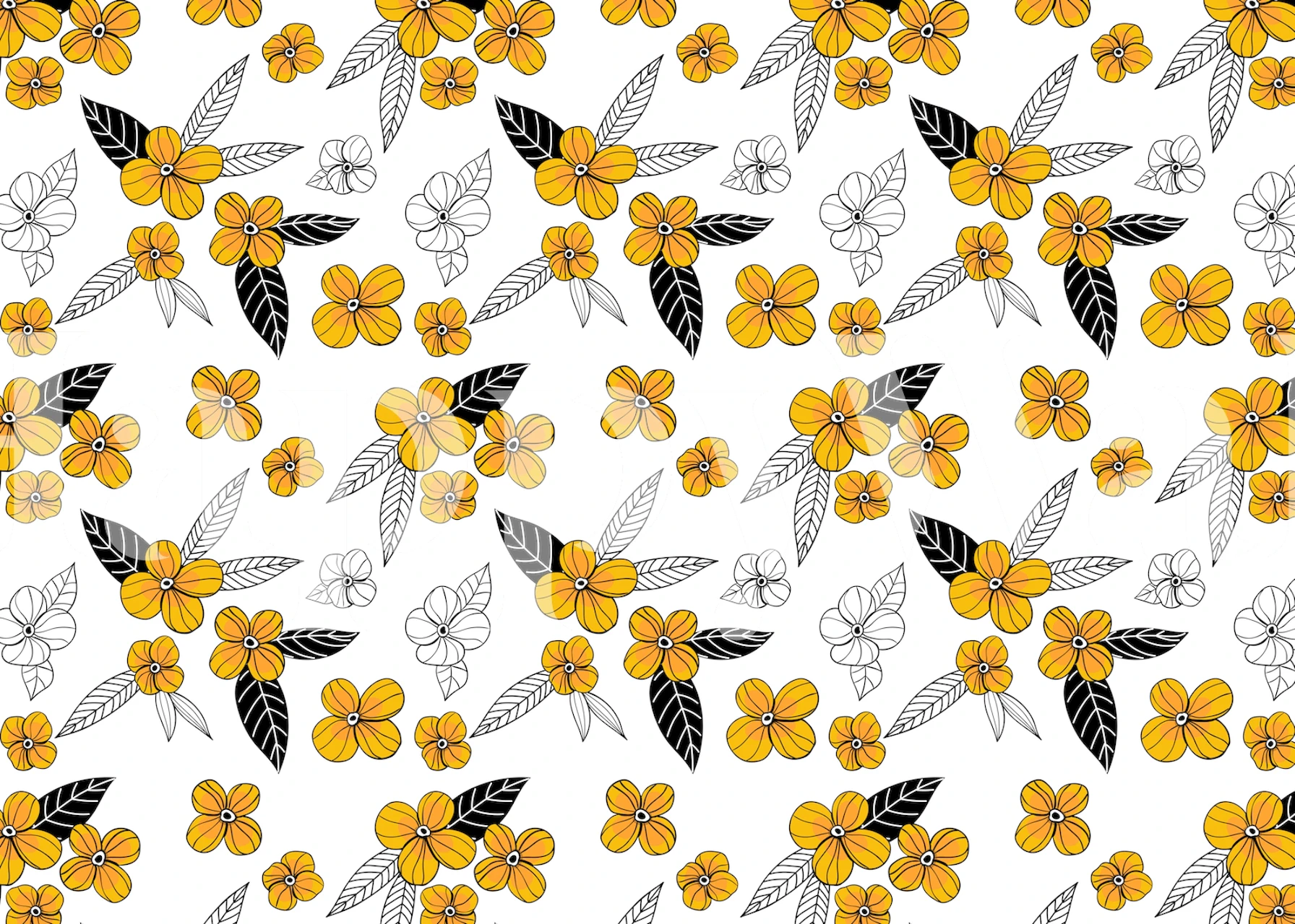 Doodle floral pattern with yellow flowers and black leaves wallpaper