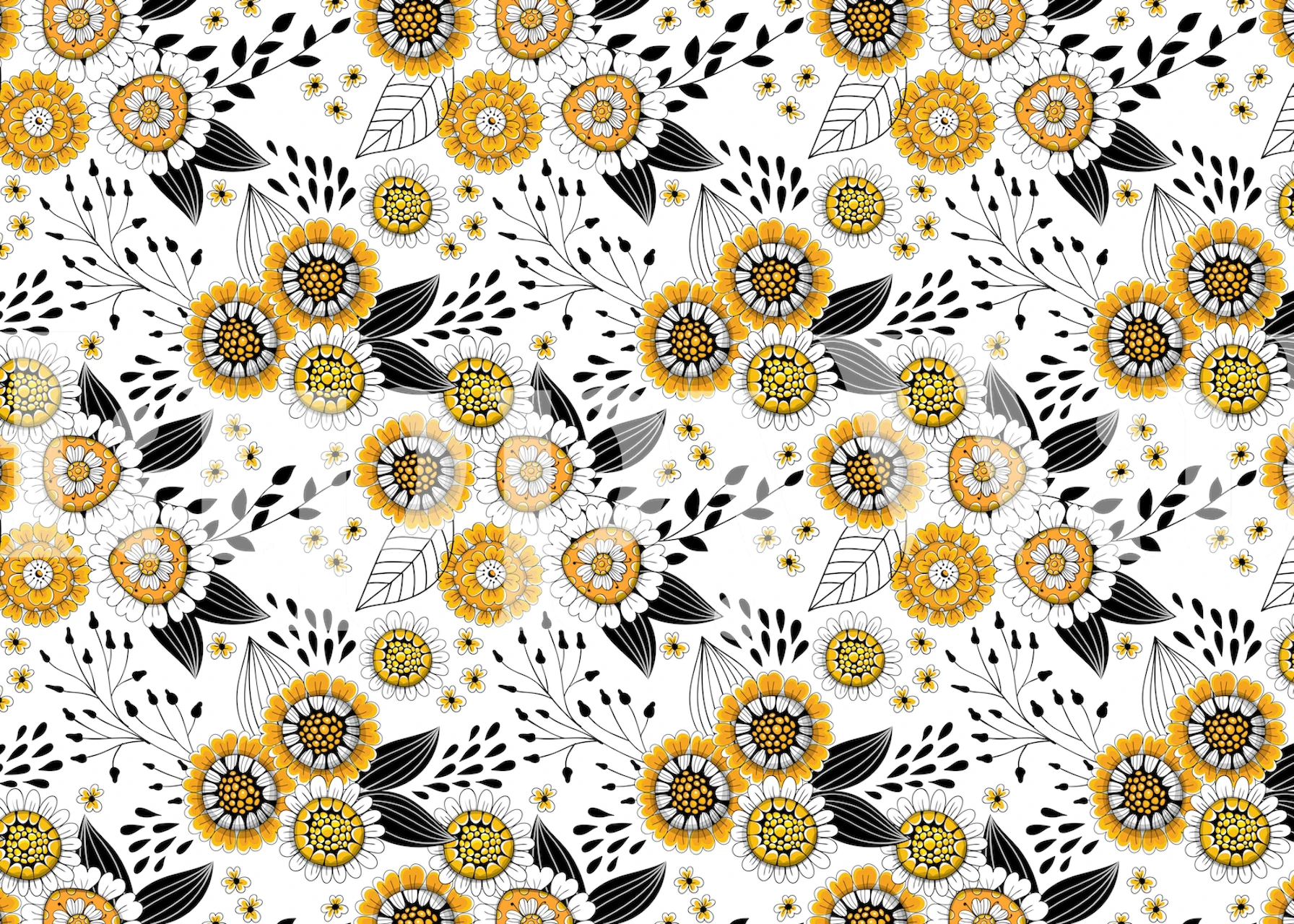 Doodle Flowers 7 wall mural with hand-drawn style yellow flowers and black details.