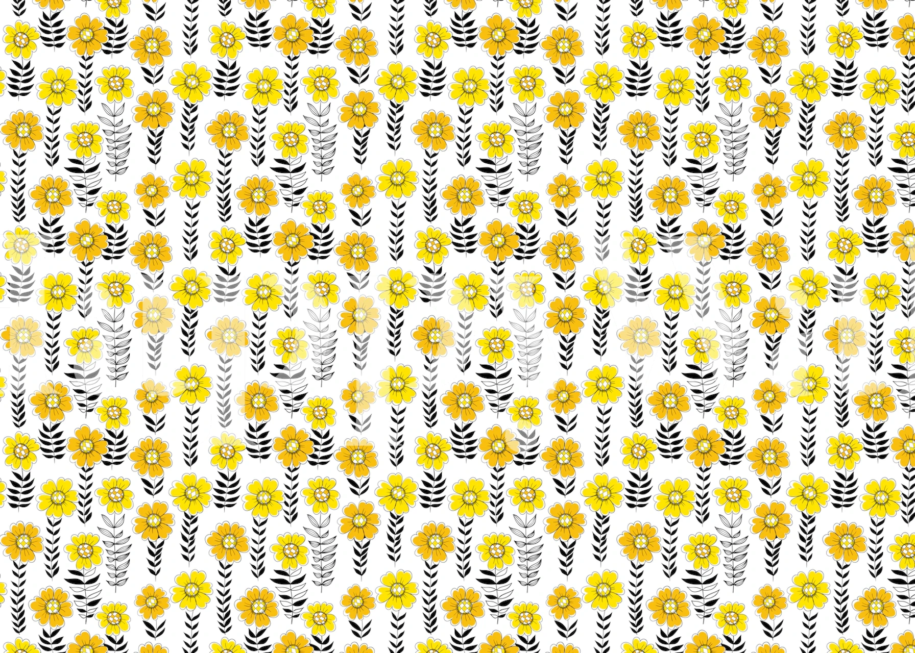 Hand-drawn yellow doodle flowers on a white background wall mural