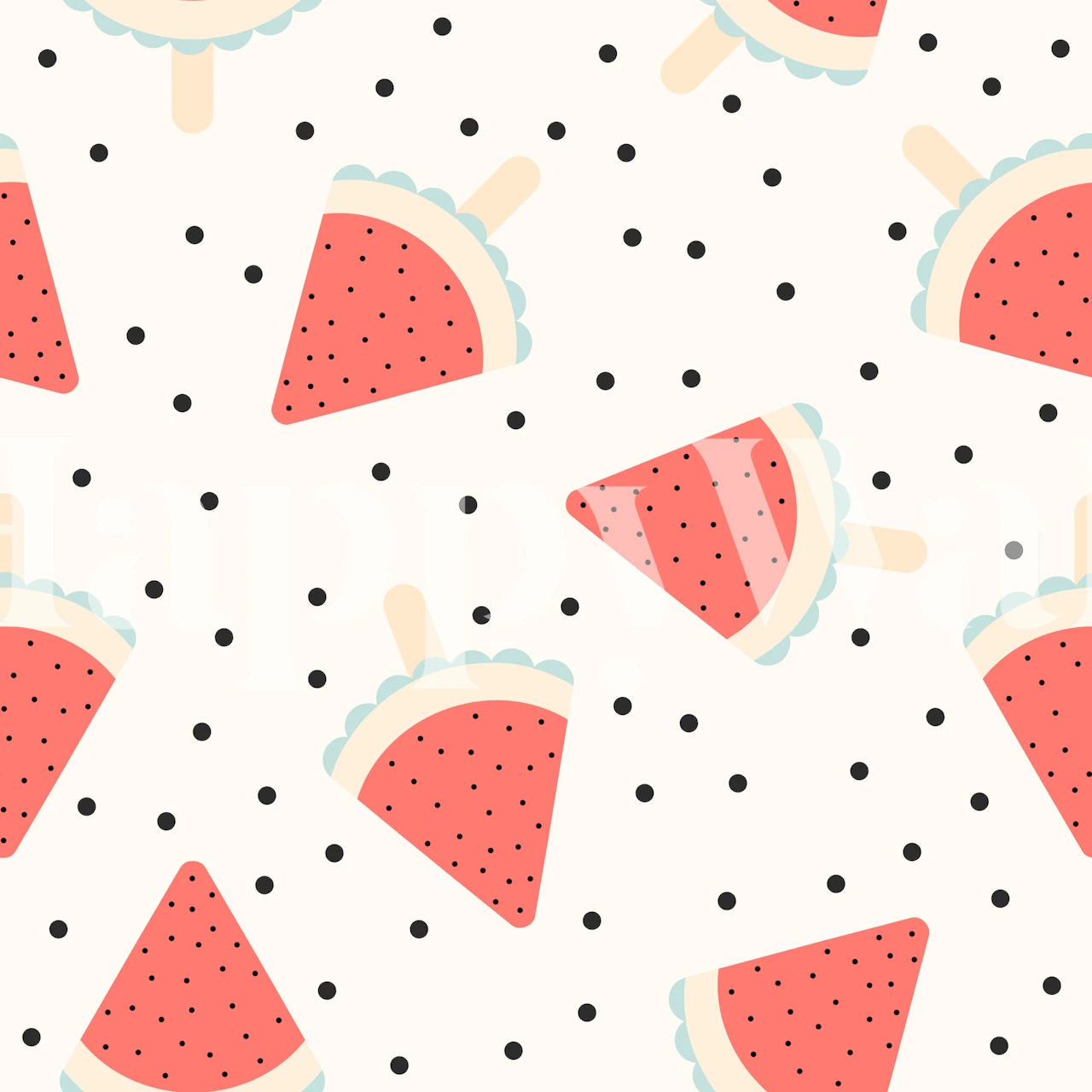 Watermelon popsicle pattern on a black polka dot background wallpaper