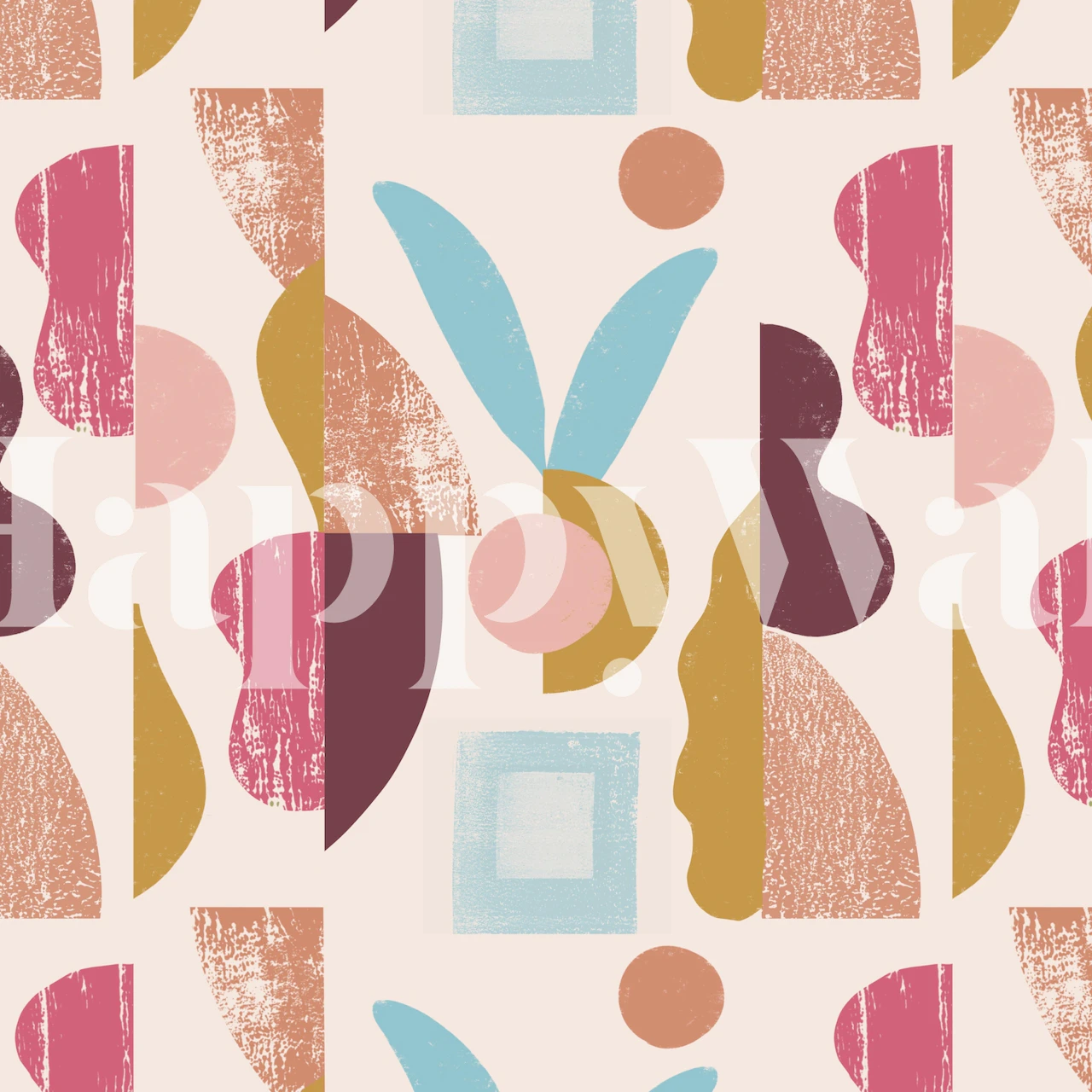 Contemporary pink, gold, and teal abstract floral wall mural on a cream background