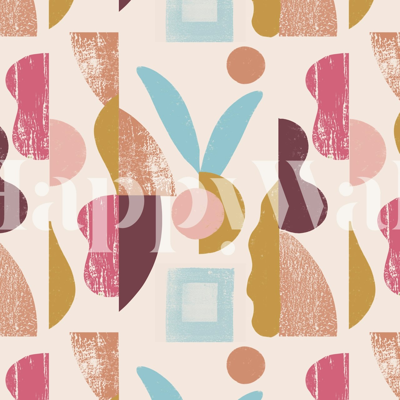 Σύγχρονη αφηρημένη φλοράλ τοιχογραφία σε ροζ, χρυσό και γαλαζοπράσινο φόντο σε κρεμ φόντο