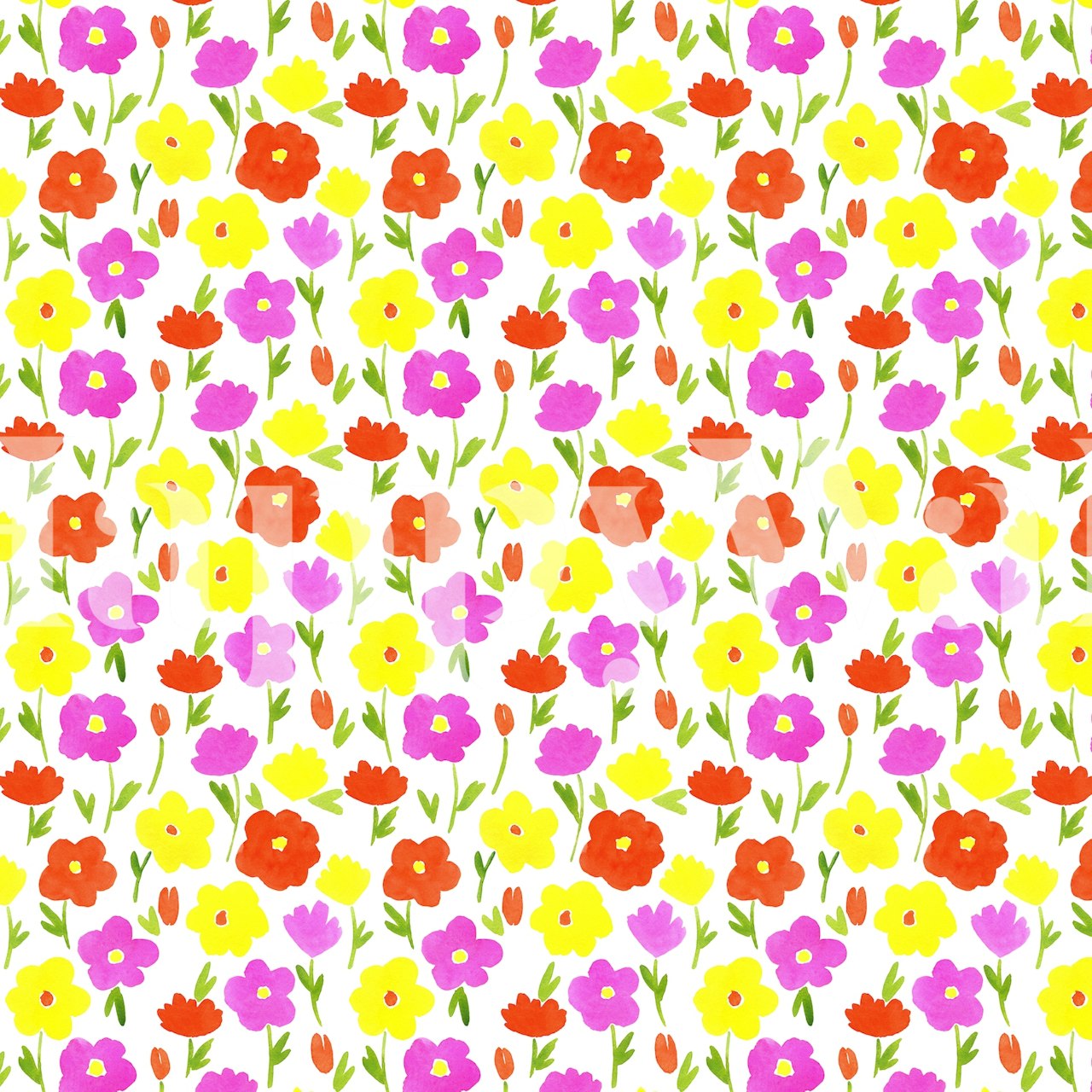 Colorful floral pattern with red, yellow, and pink flowers wallpaper