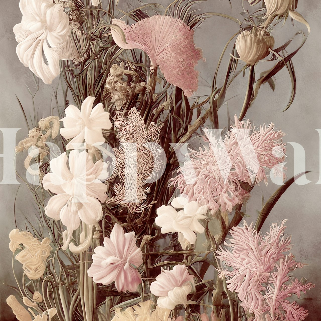 Soft pink floral wallpaper with various blooming flowers and greenery