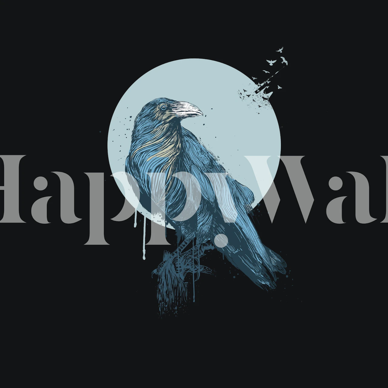 Artistic Blue Crow wall mural against a dark background with a circular moon-like element