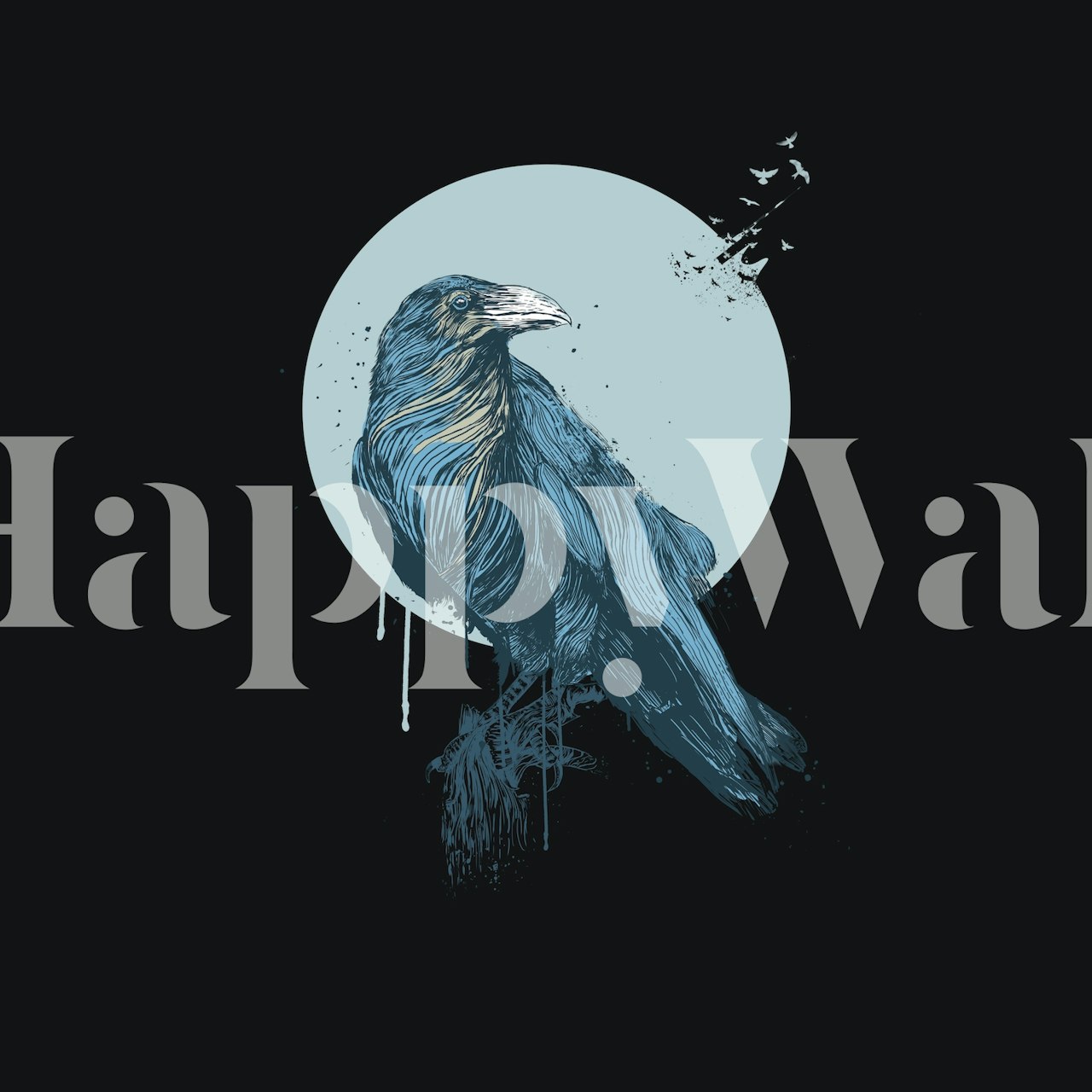 Artistic Blue Crow wall mural against a dark background with a circular moon-like element