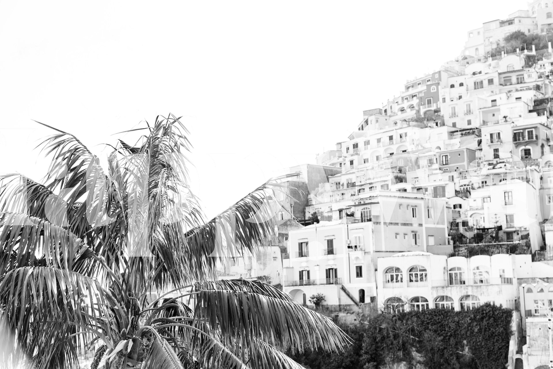 Monokrom Positano Hillside Väggdekor med stadsarkitektur och frodigt lövverk