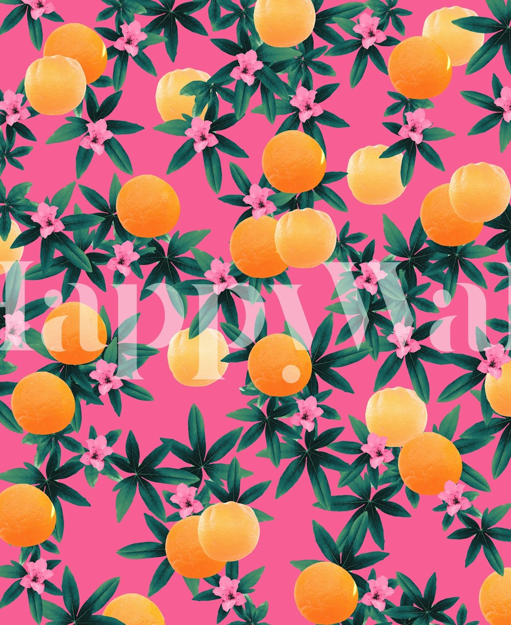 Pink background with orange flowers and green leaves wallpaper