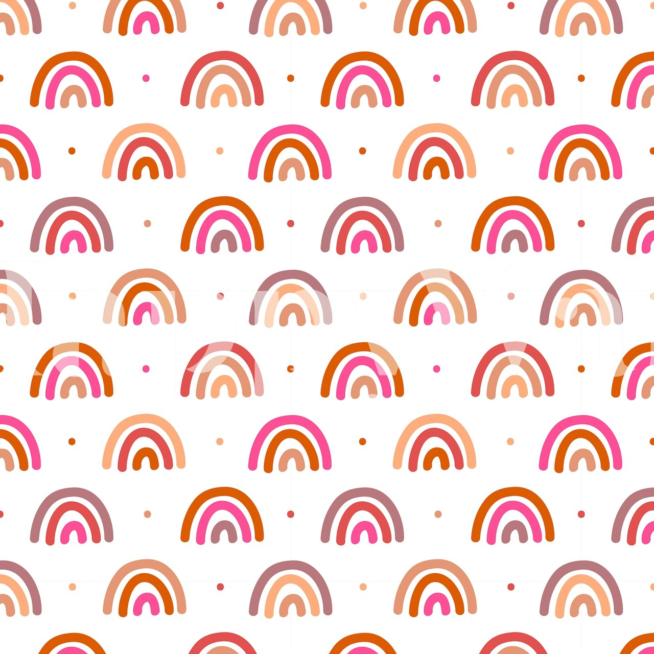 Vintage style wall mural with red and blush rainbows pattern on a white background.